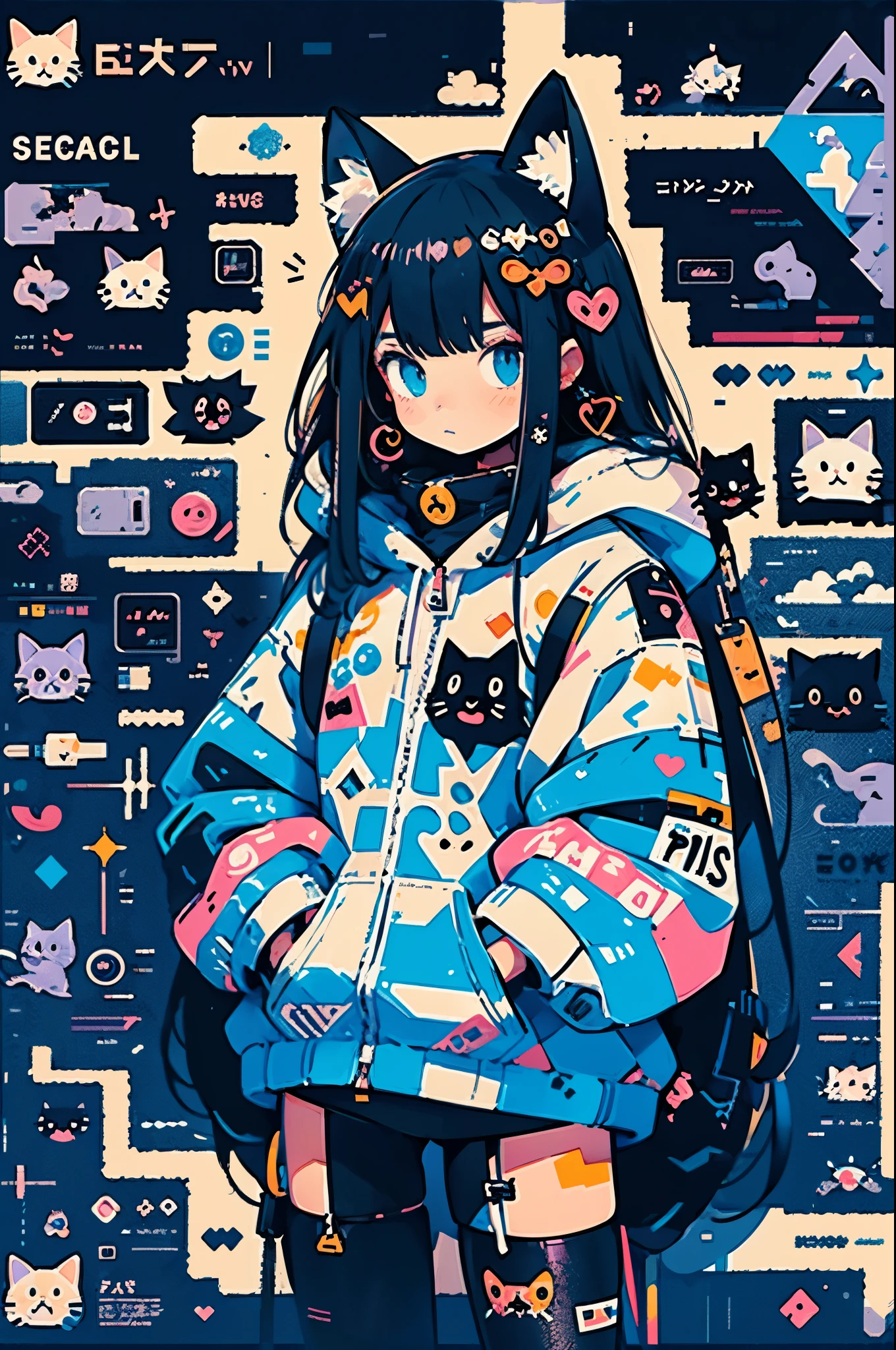 anime girl with black hair and a cat hat, anime style illustration, moe artstyle, wallpaper 8 k, digital illustration, beautiful catgirl, she wears a hoodie with animal ears and technowear technology, futuristic fashion in black and holographic colors, many details and buttons on it, cables coming out of the sleeves, the background is that of a simple pattern with cat motifs and paws, purple and black, black cat eyes, holographic, holo details