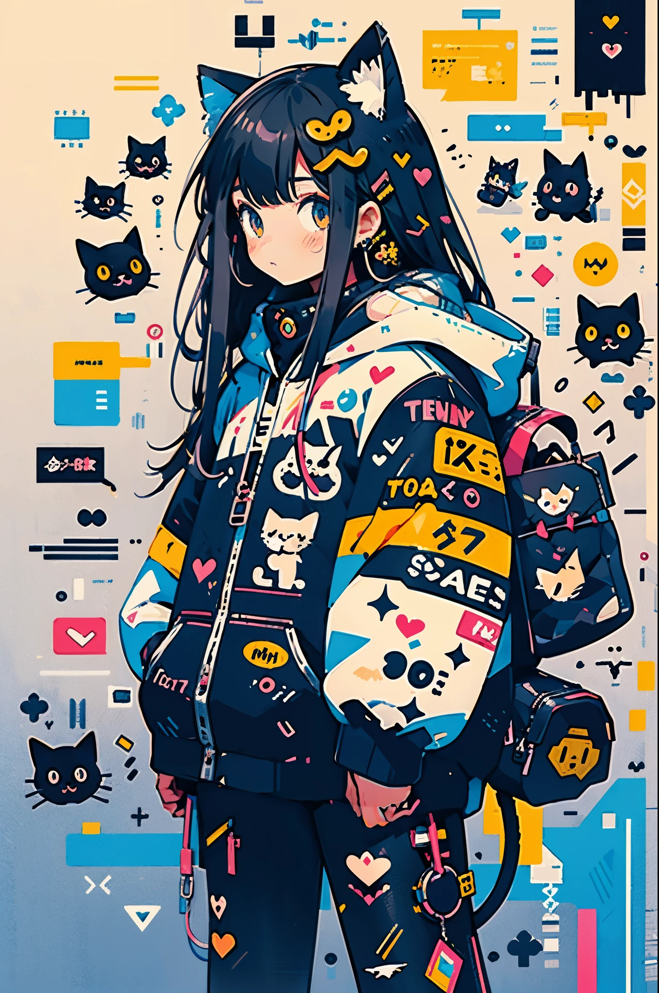 anime girl with black hair and a cat hat, anime style illustration, moe artstyle, wallpaper 8 k, digital illustration, beautiful catgirl, she wears a hoodie with animal ears and technowear technology, futuristic fashion in black and holographic colors, many details and buttons on it, cables coming out of the sleeves, the background is that of a simple pattern with cat motifs and paws, purple and black, black cat eyes, holographic, holo details