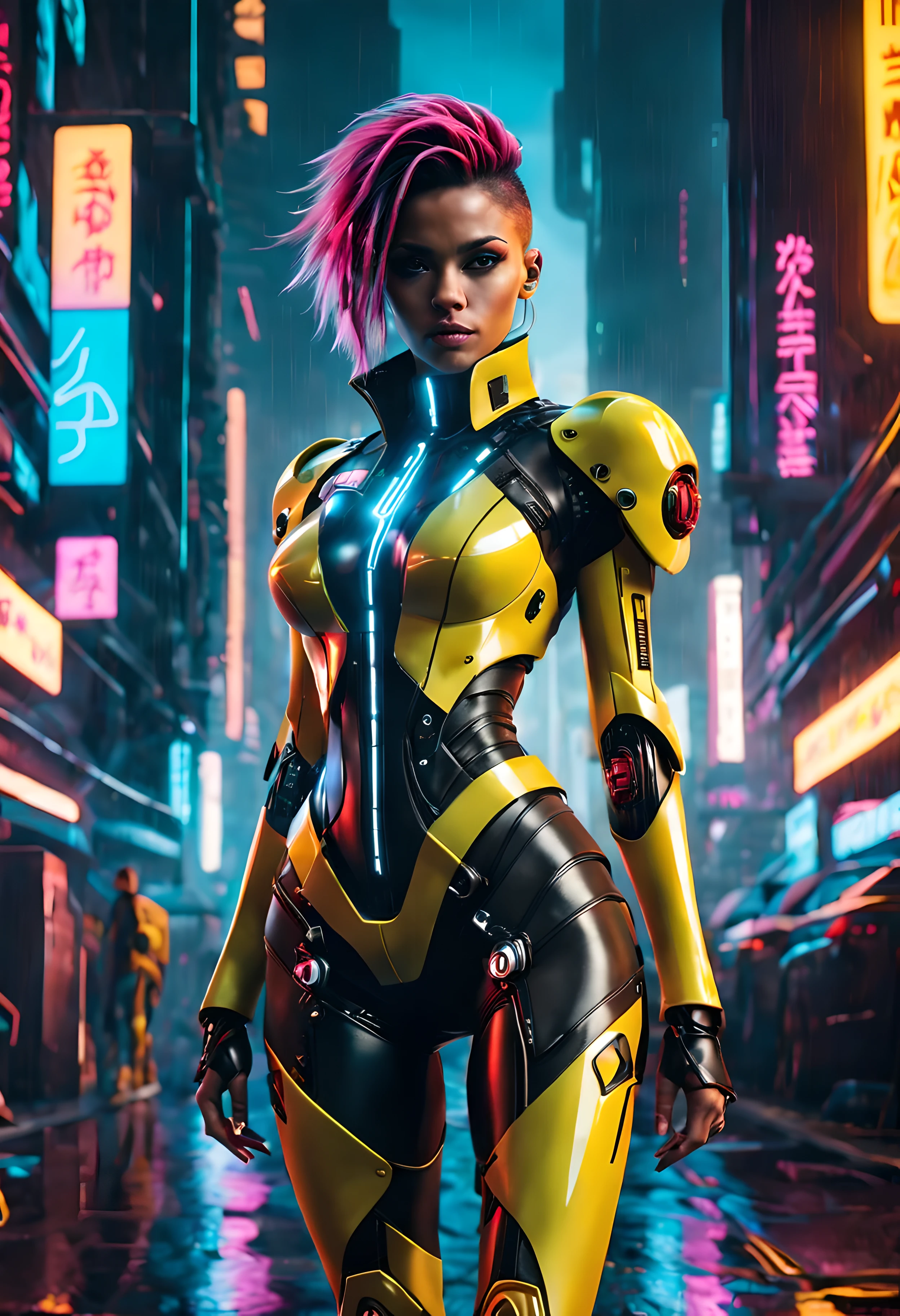 Generate an ultra-realistic and detailed full-body image of a beautiful woman standing in the middle of a futuristic cyberpunk street during a sunny day. The street is still slippery from the rain, reflecting the vibrant neon lights and warm colors of the cityscape.She is dressed in a technologically advanced outfit that perfectly combines yellow leather with black leather accents and bright red neon accents... O traje deve ter um design elegante e ousado, lembra o estilo do filme 'Tron: Legado', com luzes LED integradas pulsando ao longo das costuras.Your outfit includes cybernetic elements and accessories that enhance your appearance, like holographic displays embedded in his sleeves and glowing circuitry patterns running across his chest. The high-heeled boots she wears are adorned with LED lights that pulse and flash with each step., adding to the futuristic and dynamic look of your ensemble.A paisagem urbana cyberpunk se estende ao seu redor, with imposing futuristic buildings bathed in heat, luz solar dourada. The clear blue sky adds a sense of vibrancy and energy to the scene, contrastando com o legal, futuristic city aesthetic.Your posture should convey confidence and power, with one hand resting on a futuristic gun in the holster at his side. Her hair is styled in a futuristic and edgy way, with neon stripes adding to the cyberpunk vibe.A rua encharcada de chuva reflete as cores quentes da paisagem urbana, criando um ambiente deslumbrante e envolvente. Puddles of water shine on the sidewalk, adding an extra layer of depth and realism to the scene.The overall image must be rendered in ultra-high definition (Ultra HD) resolution, garantindo nitidez e clareza em cada detalhe. Cada aspecto da cena deve ser meticulosamente elaborado para criar um mundo cyberpunk incrivelmente realista e envolvente..