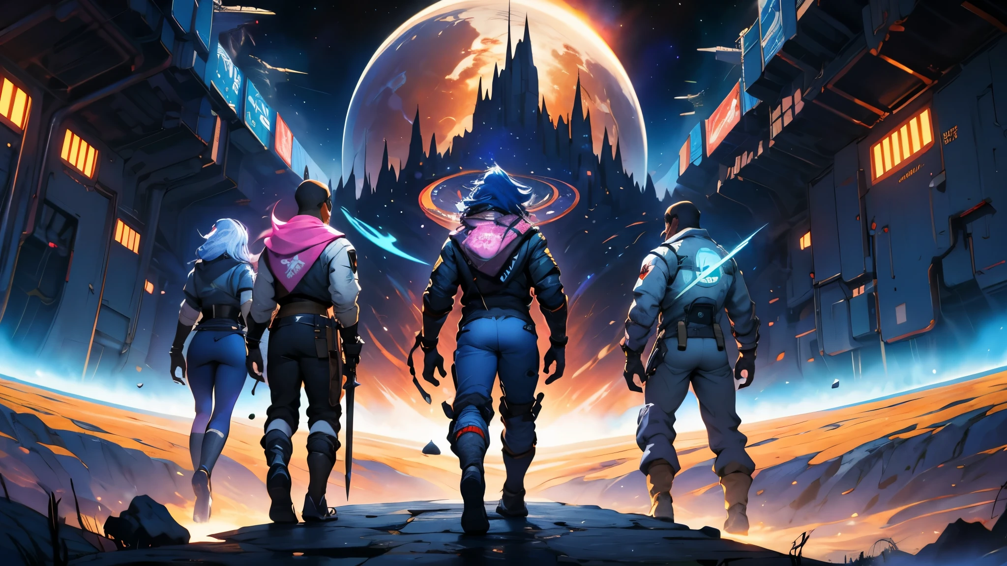 A wallpaper written "Numenera: The Knife's Edge:" with just 5 characters, 3 men and 2 women, dressed in futuristic clothes different from each other, wielding different weapons, seen from a distance and with their backs on an unknown planet looking at a dark, starry sky, with many fluorescent colors and a large space station being swallowed by a black hole, 4k, numenera, rpg