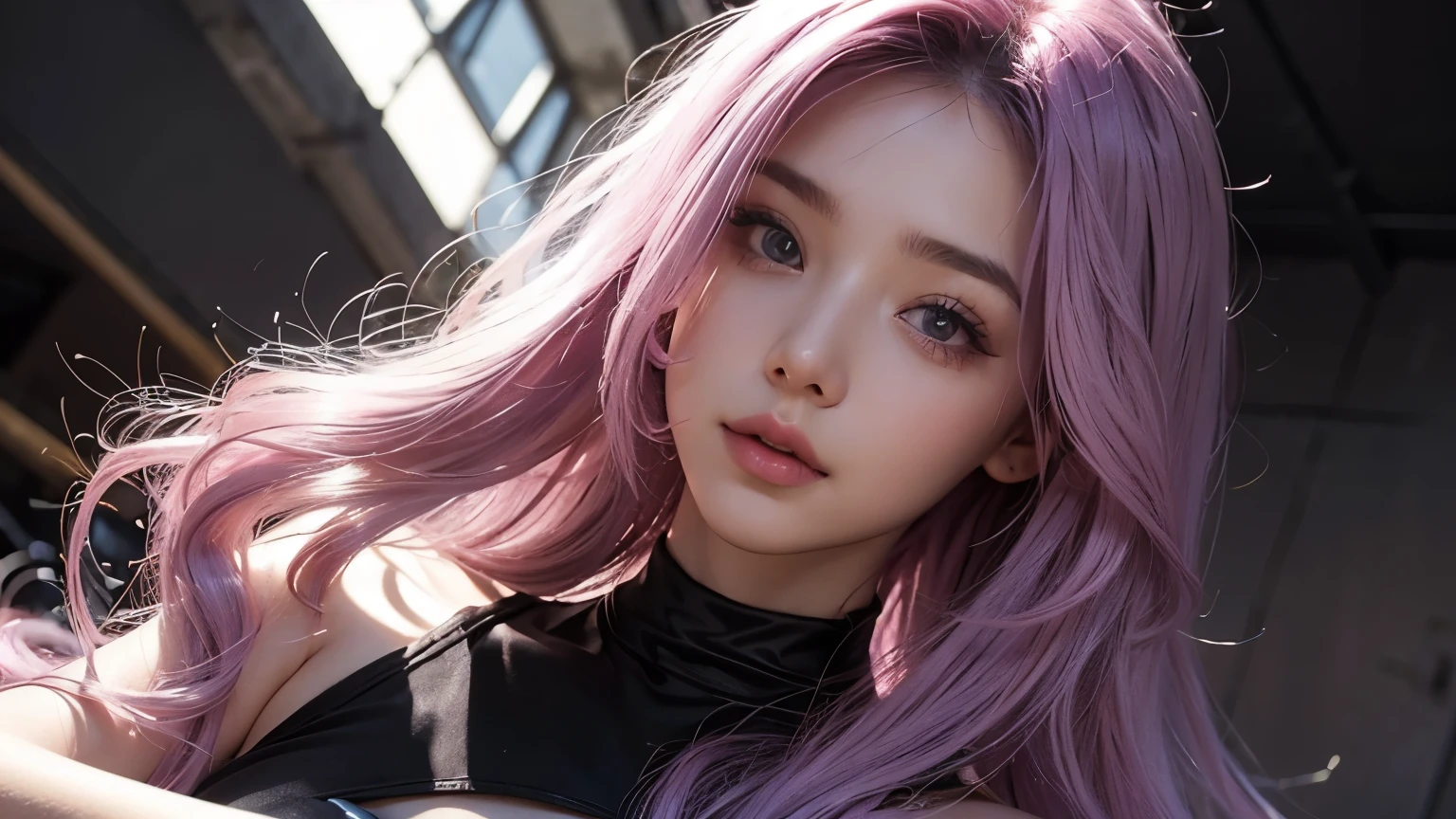 A girl with long light pink soft purple hair, perfect big booba , good quality, detailed beauty face, wearing black crop top