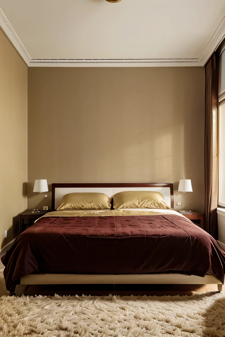 a posh new york city apartment in the 1960s, bedroom, background, beige colored walls, gold, burgundy cushions