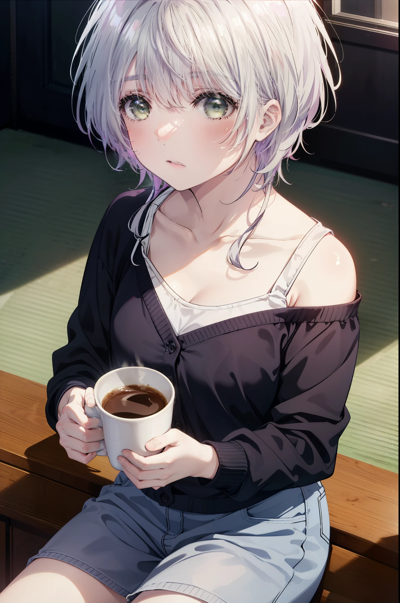 fuukakikuchi, fuuka kikuchi, 1girl girl,short hair, bangs, hair between eyes, (green eyes:1.3), gray hair,black cardigan,pink camisole,black string underwear,barefoot,Waking up,sitting on the sofa,holding a coffee mug with both hands,Waking up,Asahi,sunrise,
break indoors, room,
break looking at viewer,whole body,Upper body,(cowboy shot:1. 5)
break (masterpiece:1.2), highest quality, High resolution, unity 8k wallpaper, (figure:0.8), (detailed and beautiful eyes:1.6), highly detailed face, perfect lighting, Very detailed CG, (perfect hands, perfect anatomy),