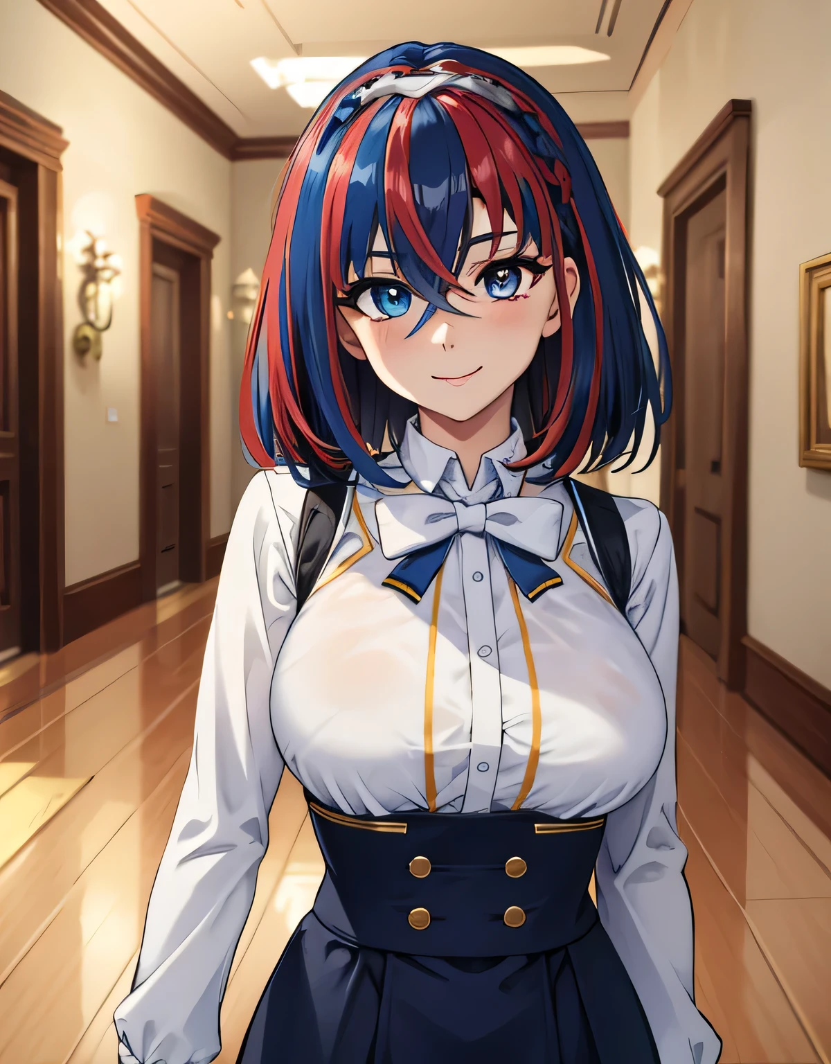 already,heterochromia iris,long sleeve,(big breasts:1.5),shiny,hair,((alone)),((masterpiece)),((highest quality)),perfect anatomy,slim waist,perfect image,8k UHD,(detailed and beautiful eyes:1.5),highly detailed face,Are standing,(Upper body:1.1),(look ahead:1.1),back arm,super detailed,disorganized,High resolution,indoor hall,light smile,