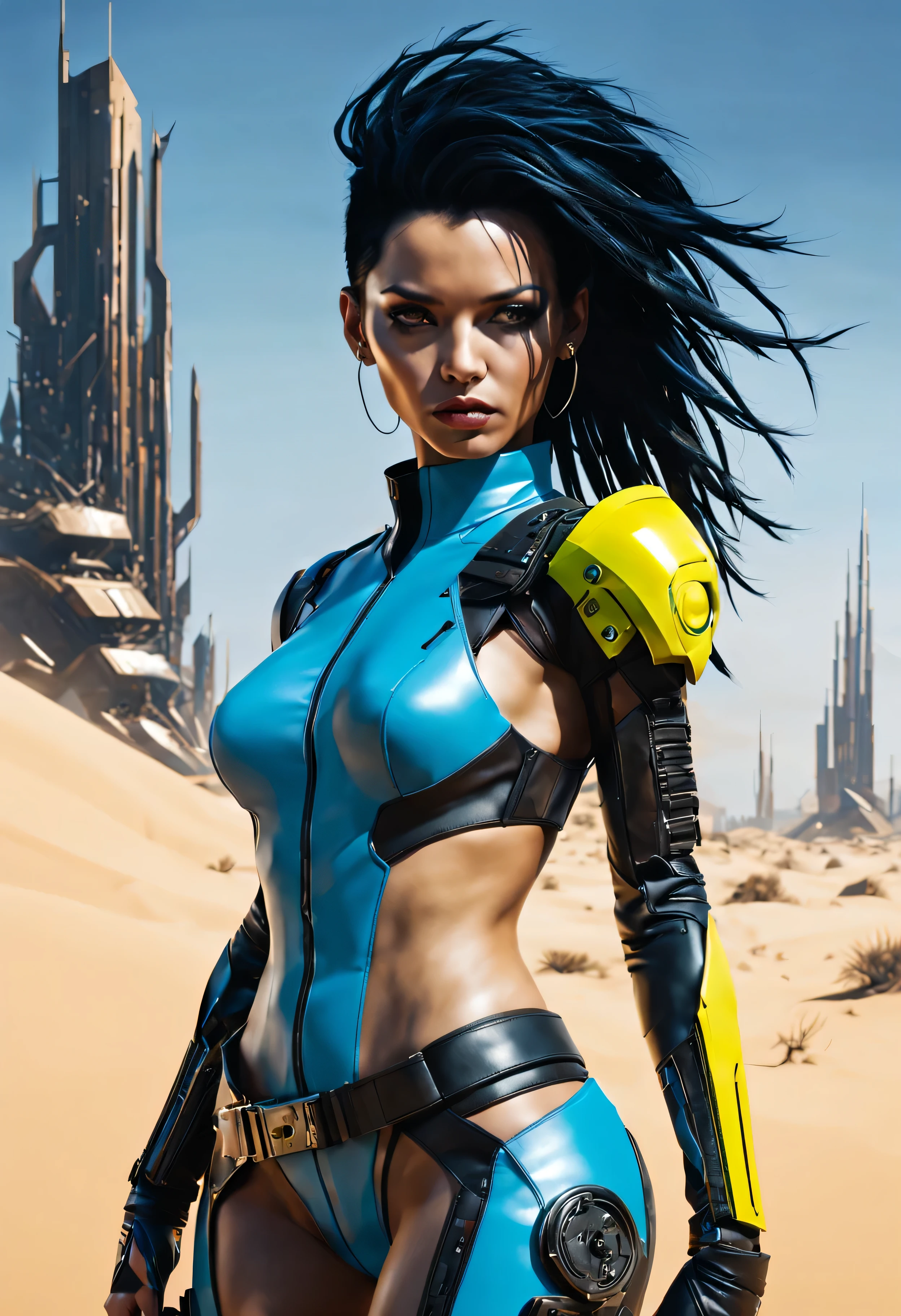 Generate an ultra-realistic and detailed full-body image of a stunning cyberpunk woman with preto hair raspado de um lado of her head. She is dressed in a sleek and edgy blue leather outfit with intricate preto and fluorescent yellow accents.Leather clothing hugs your figure, with bright neon circuitry patterns running along the seams and edges. His costume reflects the cyberpunk aesthetic, inspirando-se nos estilos futuristas de 'Tron: Legacy' e outras obras cyberpunk.The woman is in the middle of the dunes of a futuristic post-apocalyptic desert, com imponente, futuristic buildings in ruins in the background. The buildings are in ruins, their metal structures twisted and broken, cercado por areia e detritos.It's a clear day, with the sun casting strong shadows on the landscape. escuro, ominous clouds appear in the sky, adding a sense of foreboding and danger to the scene.The woman's expression is one of determination and strength, Your gaze focused ahead like you're on a mission. She carries herself with confidence, with one hand resting on an elegant, arma futurista no coldre ao seu lado.Her preto hair, raspado de um lado, acrescenta ao seu visual ousado e rebelde. Listras neon de azul, preto, e amarelo iluminam o lado raspado, criando um contraste marcante contra seu cabelo escuro.The sandy desert terrain is littered with the remains of futuristic technology and debris, adding to the post-apocalyptic atmosphere. O vento sopra areia pela paisagem, creating a sense of movement and life amid desolation.The overall image must be rendered in ultra-high definition (Ultra HD) resolution, garantindo nitidez e clareza em cada detalhe. Cada aspecto da cena deve ser meticulosamente elaborado para criar um mundo cyberpunk incrivelmente realista e envolvente..