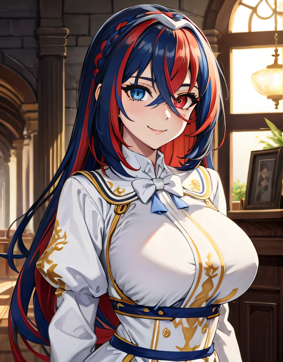 already,heterochromia iris,long sleeve,(big breasts:1.5),shiny,hair,((alone)),((masterpiece)),((highest quality)),perfect anatomy,slim waist,perfect image,8k UHD,(detailed and beautiful eyes:1.5),highly detailed face,Are standing,(Upper body:1.1),(look ahead:1.1),back arm,super detailed,disorganized,High resolution,indoor hall,light smile,