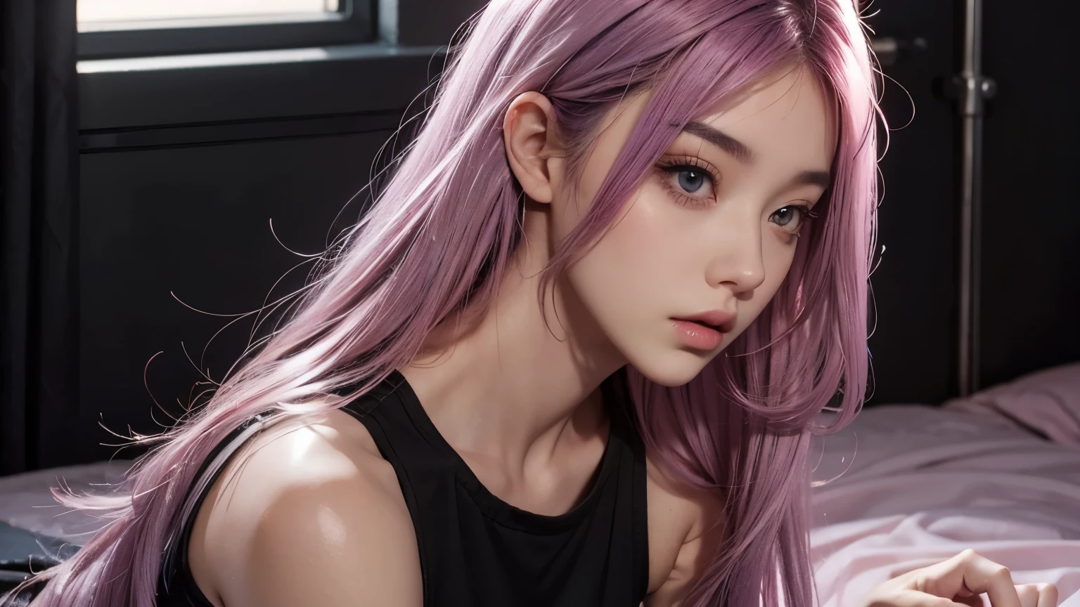 A girl with long light pink soft purple hair, perfect big booba , good quality, detailed beauty face, wearing black crop top