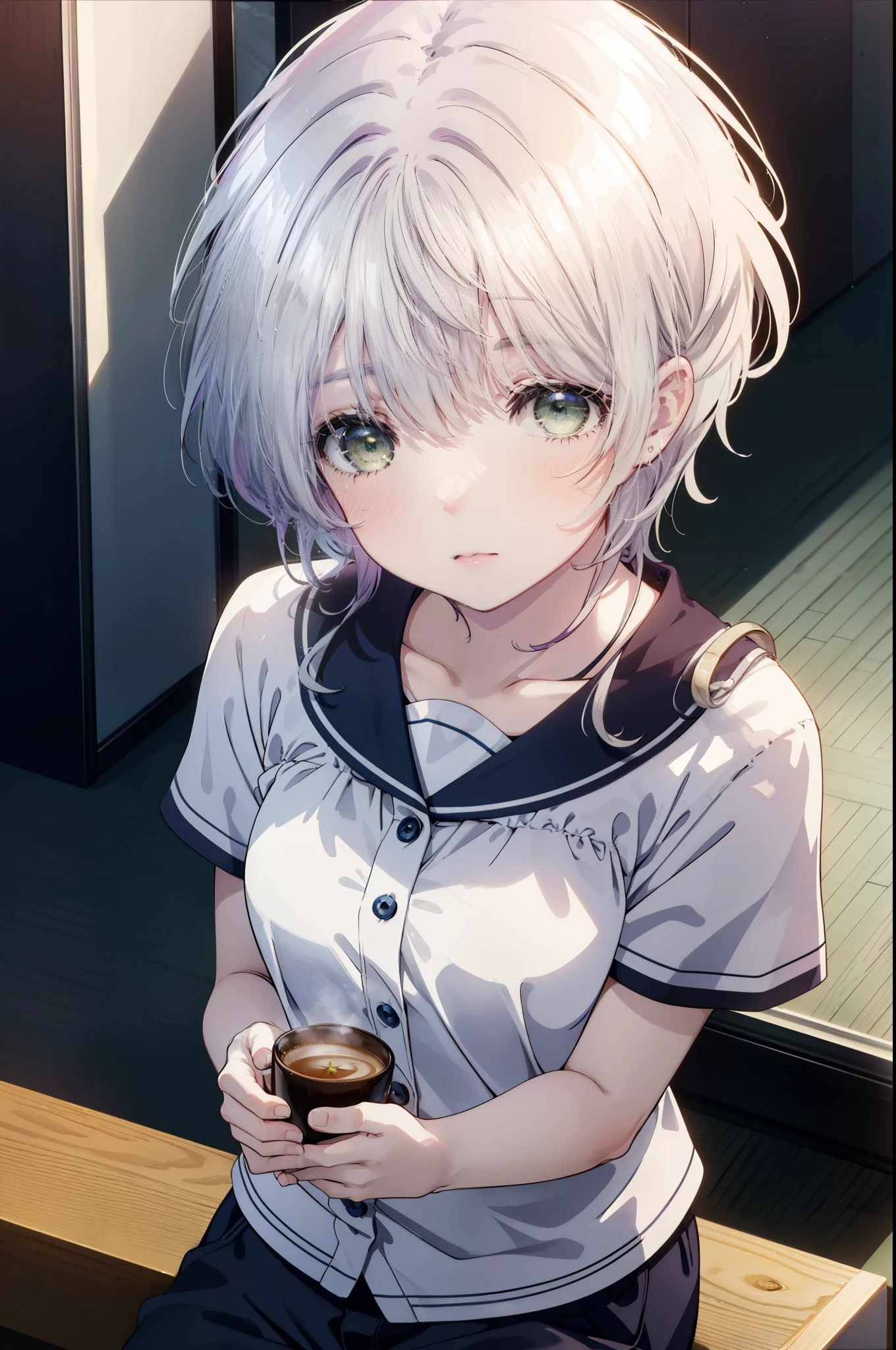 fuukakikuchi, fuuka kikuchi, １girl girl,short hair, bangs, hair between eyes, (green eyes:1.3), gray hair,black cardigan　There is an open front,pink camisole,black string underwear,barefoot,Waking up,sitting on the sofa,holding a coffee mug with both hands,Waking up,Asahi,sunrise,
break indoors, room,
break looking at viewer,whole body,Upper body,(cowboy shot:1. 5)
break (masterpiece:1.2), highest quality, High resolution, unity 8k wallpaper, (figure:0.8), (detailed and beautiful eyes:1.6), highly detailed face, perfect lighting, Very detailed CG, (perfect hands, perfect anatomy),