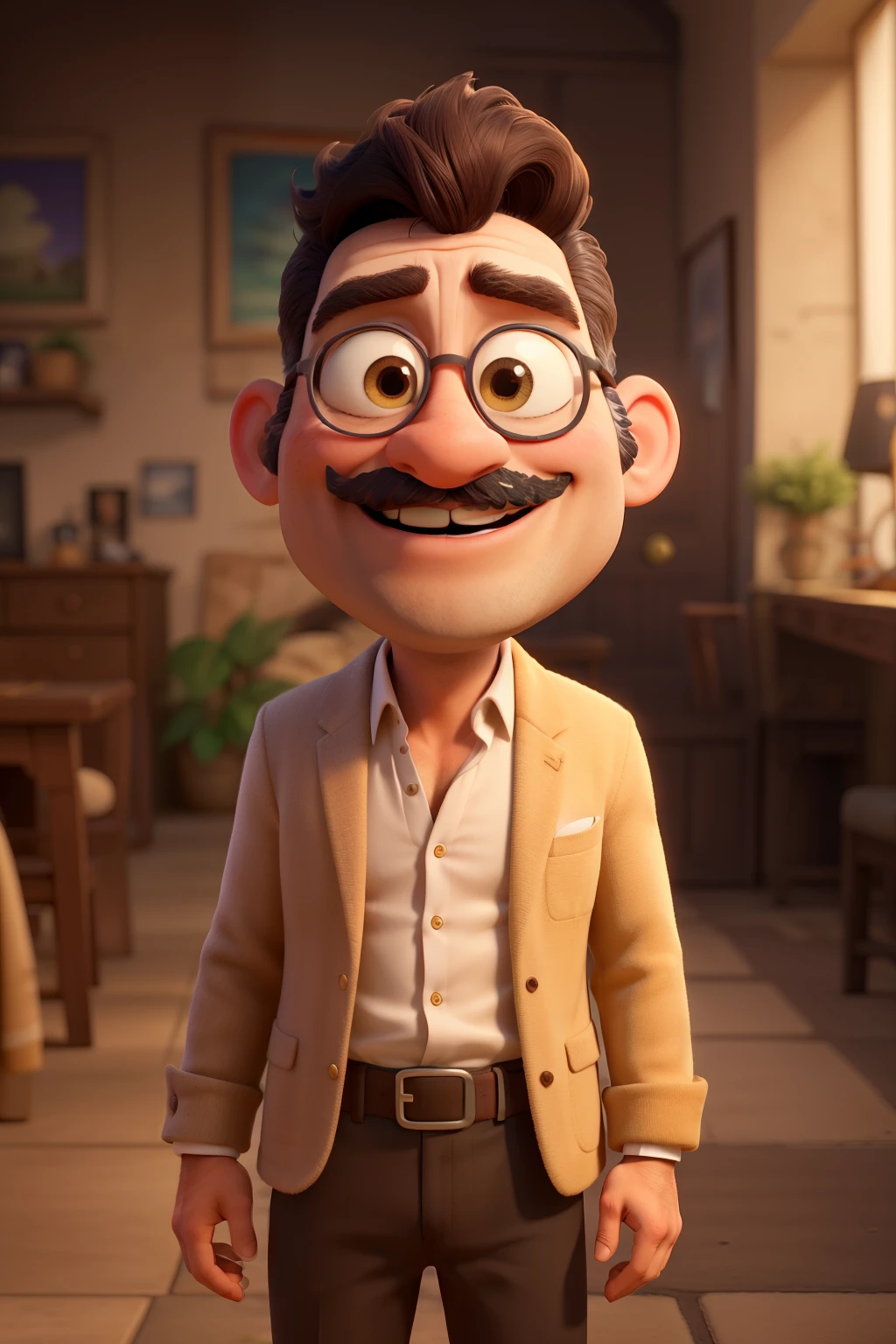 a 65-year-old man with Pixar-style features with a mustache and beard, vibrant colors and detailed expressions, wearing a unique outfit wearing a top hat with a purple ribbon on his head, o homem usa uma gravata borboleta na cor amarela, your top hat has a unique style, cercada por um pitoresco jardim. o homem tem olhos grandes e expressivos e um sorriso encantador. His eyes are beautifully detailed, with long eyelashes that give them a charming appearance. Her lips are also beautifully detailed and add a touch of fun to her expression.. A pele do homem tem uma textura brilhante e macia, conferindo-lhe um aspecto jovem e vivo, o HOMEM possui um bigode grande estilo HQ com e uma barba pequena no queixo e maxilar. The man&#39;s costume is colorful and vibrant, refletindo o clima alegre do estilo Pixar. It consists of a playful suit adorned with different patterns and vibrant tones.. O terno flui graciosamente ao seu redor, creating a feeling of movement and lightness. O tecido tem textura acetinada, which adds elegance and softness to the overall look. Regarding the garden setting, It&#39;s a whimsical and charming place, repleto de flores vibrantes, lush vegetation and playful animals. The garden is in full bloom, com flores de diversos formatos, tamanhos e cores. Cria uma atmosfera viva e alegre, ressoando com a personalidade alegre da . The color palette of the entire scene is vibrant., com uma mistura de tons quentes e frios. The colors are rich, saturated and bring the scene to life. A luz do sol envolve suavemente o HOMEM, casting soft, warm tones on your face, highlighting the intricate details of your features.