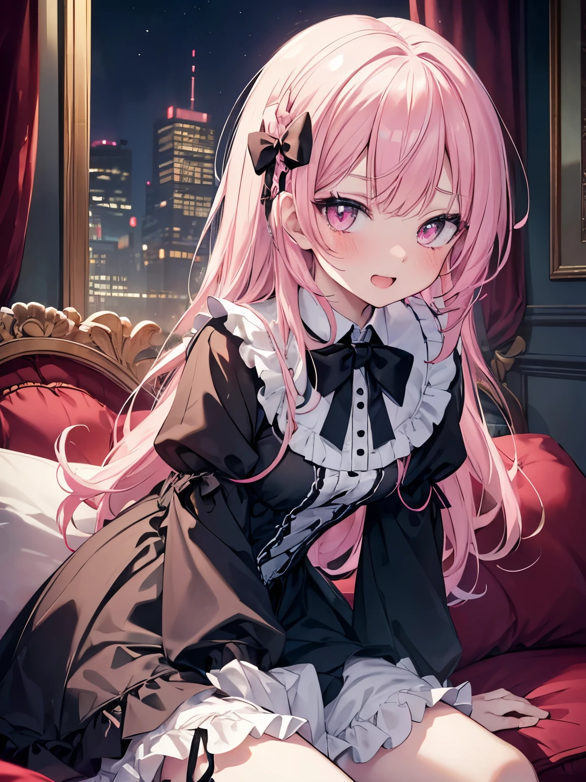 masutepiece, Highest Quality, (Perfect face:1.1), (high detailing:1.1), (ultradetailed eyes), Dramatic, superfine illustration, Extremely detailed, 1girl in, teenager,(pale skin),PINK hair, (twintalis),Ethereal eyes,PINK eyes,blush,Solo,Smile, Happy, Laugh, Enjoy, Open mouth, Pouty lips,Cinematic lighting,upper body,looking up,Long sleeve, Gothic lolita, frilld, bow ribbon,knee high socks,indoor,living room,night,leaning forward,hand between legs