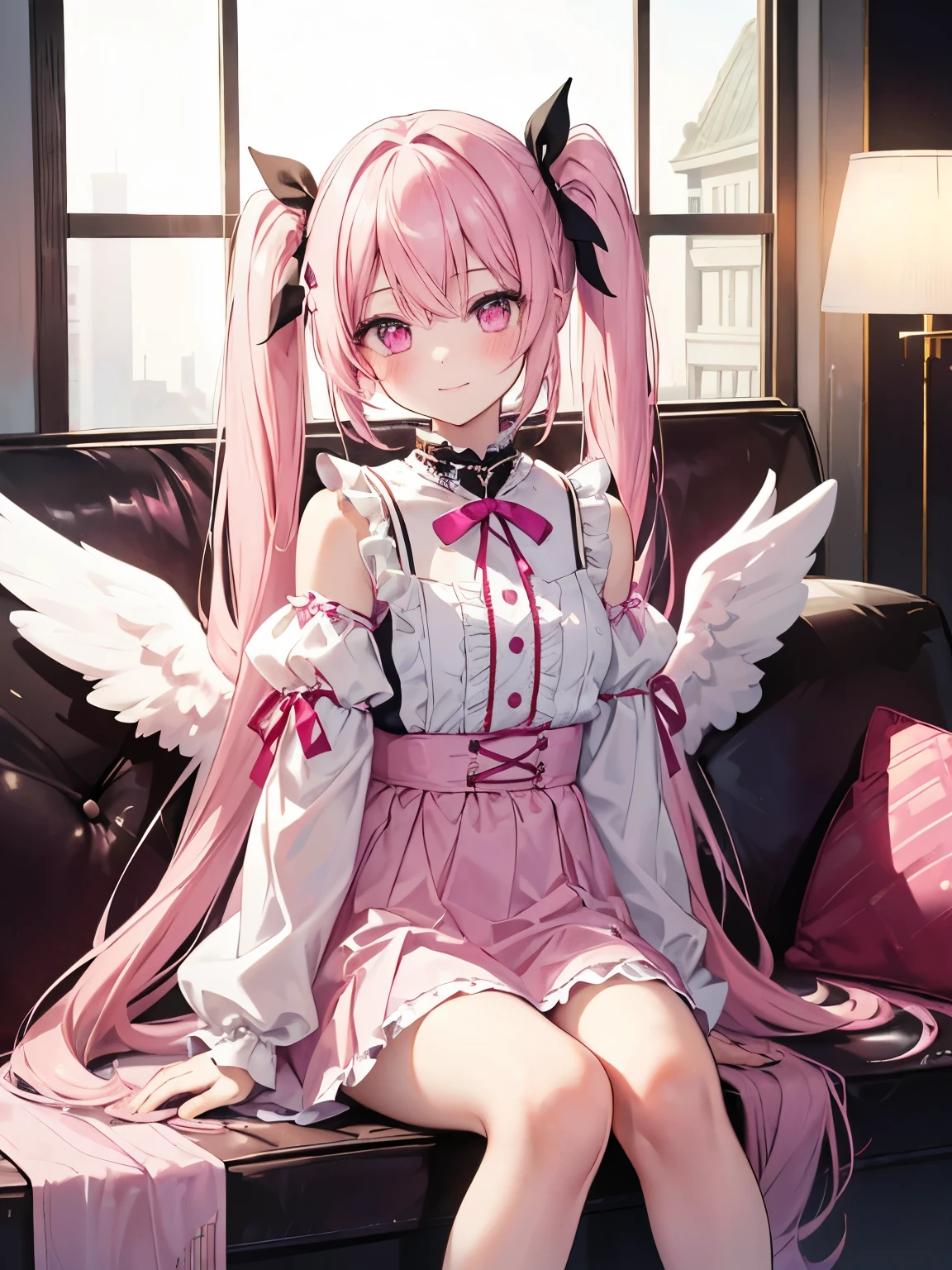 table top, highest quality, (perfect face:1.1), (high detail:1.1), (very detailed目), dramatic, Ultra-fine illustration, very detailed,1 girl, teenager,(white skin), Happy, smile, enjoy,open your mouth,Glow eye,pink hair, (long twin tailysterious eyes, pink eyes,blush, alone,swollen lips,cinematic lighting,looking for audience, cowboy shot,long sleeve,pink princess dress,Angel&#39;wing,long length,indoor,living room,sitting,night