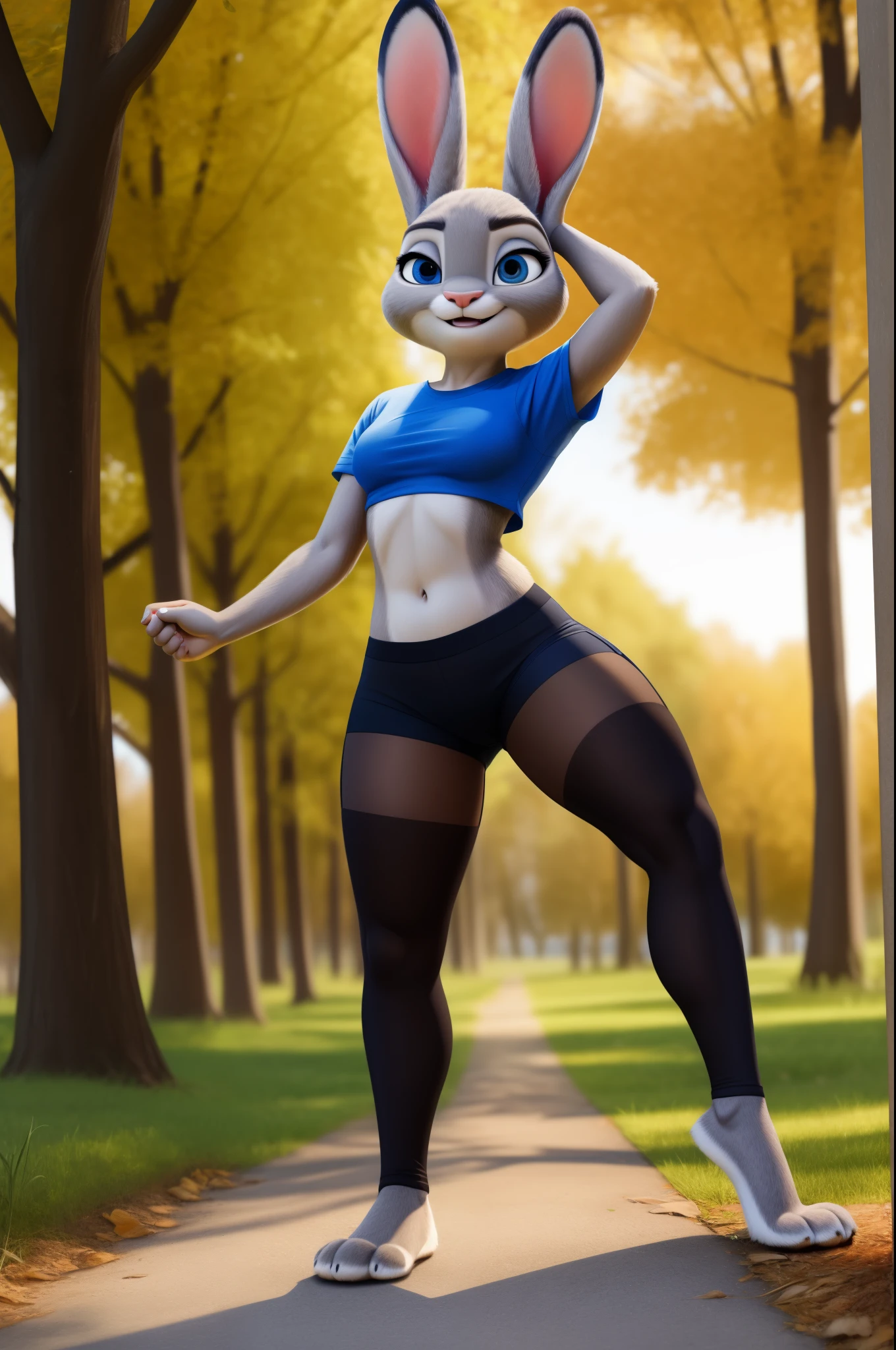 Judy Hopps,HD,8K, outdoors,pantyhose, short t-shirt, showing the navel, thick thighs, thick legs, thin hips, realistic details in the clothes, realistic details in the hair, extreme quality,paws pose