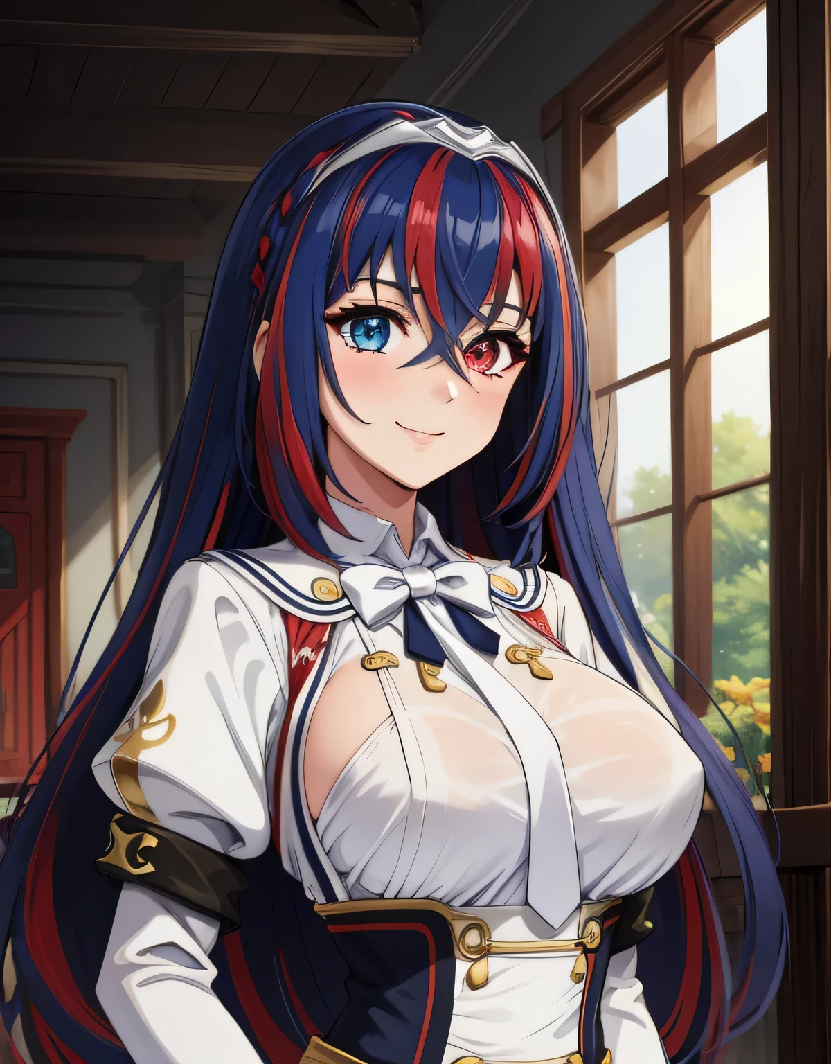 already,heterochromia iris,long sleeve,(big breasts:1.5),shiny,hair,((alone)),((masterpiece)),((highest quality)),perfect anatomy,slim waist,perfect image,8k UHD,(detailed and beautiful eyes:1.5),highly detailed face,Are standing,(Upper body:1.1),(look ahead:1.1),back arm,super detailed,disorganized,High resolution,indoor hall,light smile,long hair,