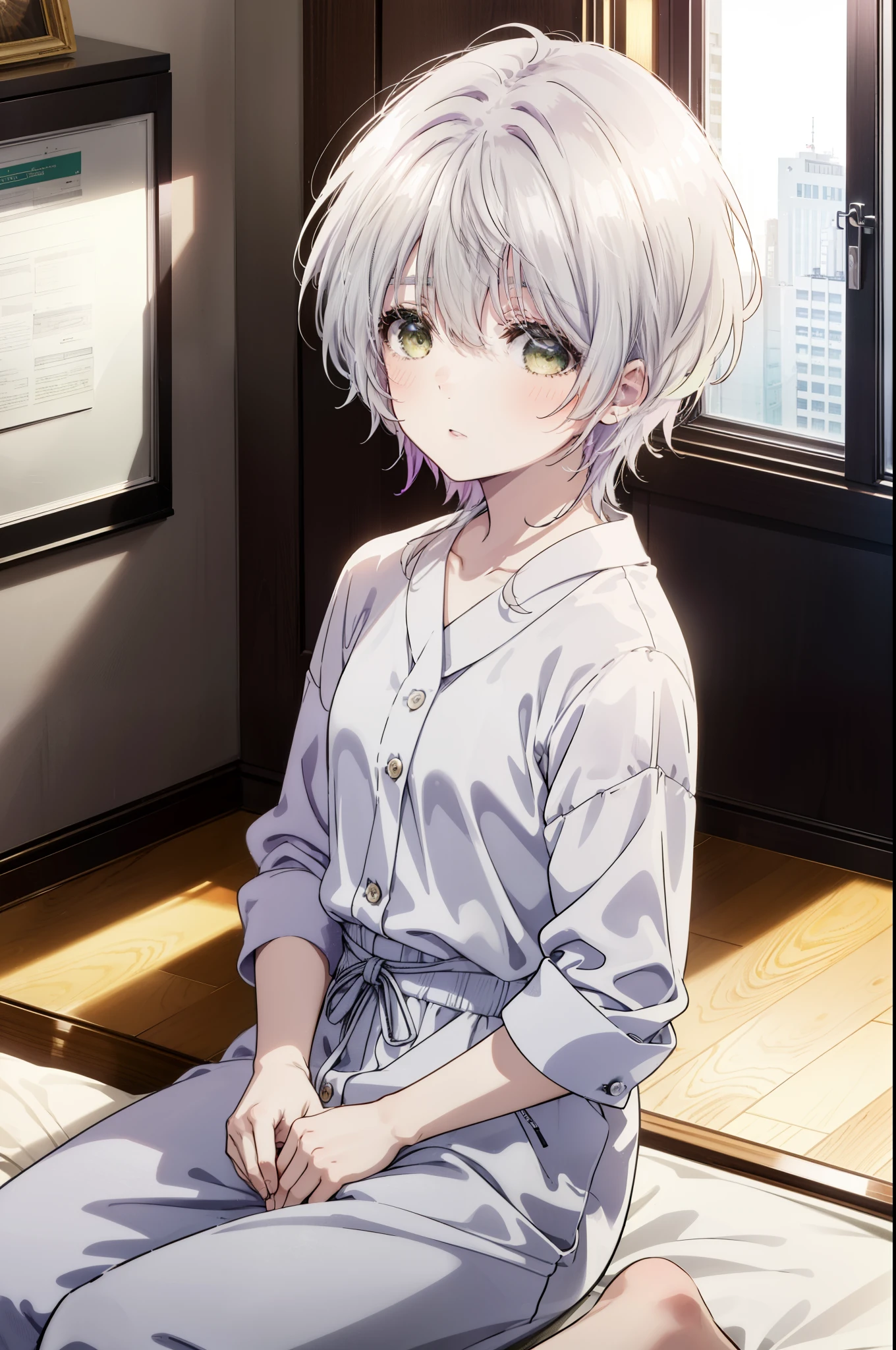 fuukakikuchi, fuuka kikuchi, 1girl girl,short hair, bangs, hair between eyes, (green eyes:1.3), gray hair,black cardigan There is an open front,blush,smile,white pajamas,white short pajama pants,barefoot,Waking up,sitting on the sofa,holding a coffee mug with both hands,Waking up,Asahi,sunrise,
break indoors, room,
break looking at viewer,whole body,Upper body,(cowboy shot:1. 5)
break (masterpiece:1.2), highest quality, High resolution, unity 8k wallpaper, (figure:0.8), (detailed and beautiful eyes:1.6), highly detailed face, perfect lighting, Very detailed CG, (perfect hands, perfect anatomy),