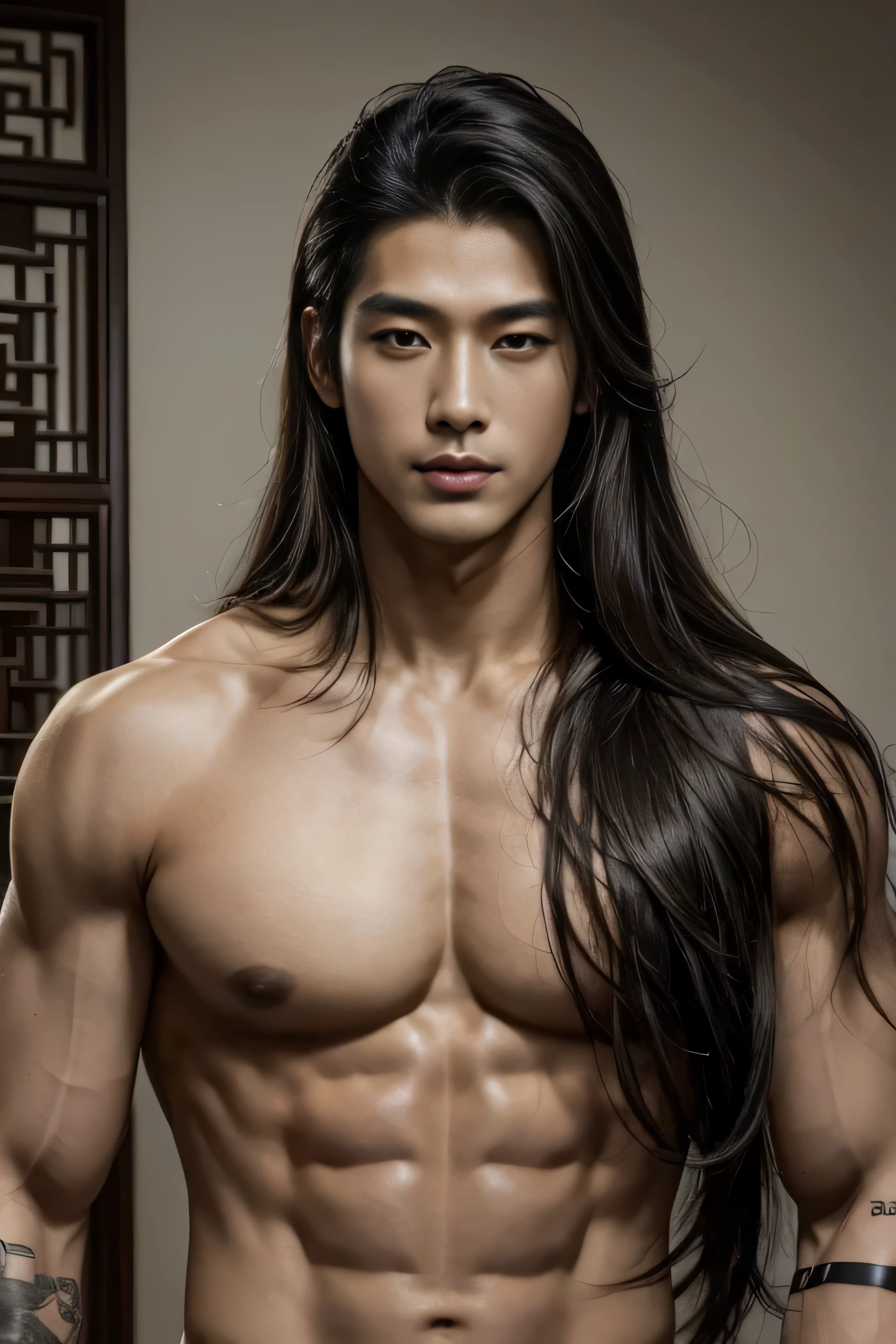 masterpiece, best quality, handsome Asian 30 year old, fair skin male, long dark hair, perfect face, chest abs, tattoos, half body, long hair