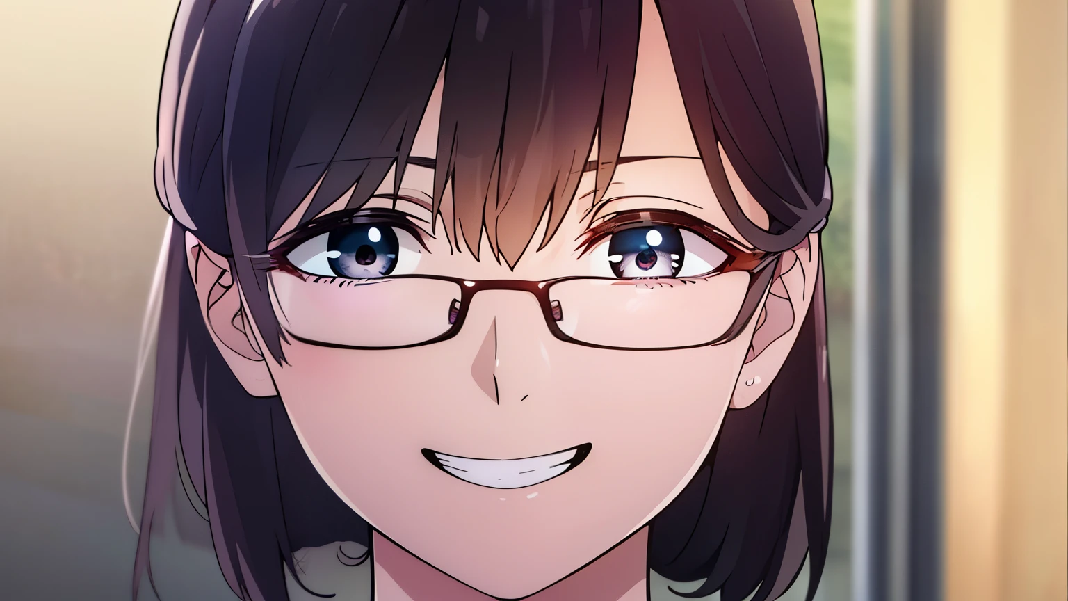 akasaka_ritsuko, smooth medium hair to shoulder, broad forehead open, glasses, black hair, faint purple eyes, a bit big breast, mature, mommy posture, casual outfit, standing, smiling, visual novel cg style, BREAK looking at viewer, BREAK (masterpiece:1.2), best quality, high resolution, unity 8k wallpaper, (illustration:0.8), (beautiful detailed eyes:1.6), extremely detailed face, perfect lighting, extremely detailed CG, (perfect hands, perfect anatomy)