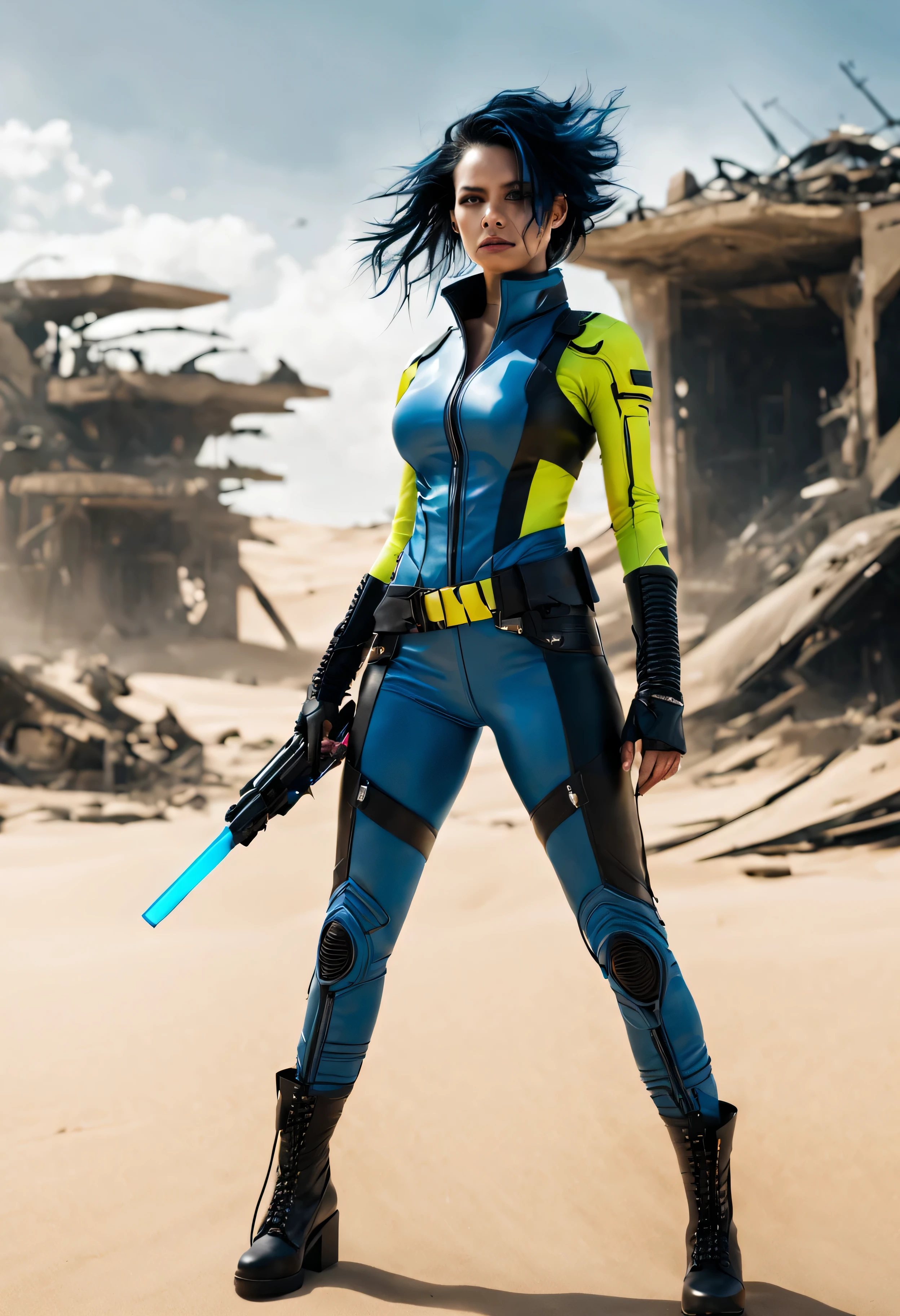 Gere um ultra-realista e detalhado (corpo todo:1.5) image of a stunning cyberpunk woman with preto hair raspado de um lado of her head. She is dressed in a sleek and edgy blue leather outfit with intricate preto and fluorescent yellow accents.Leather clothing hugs your figure, with bright neon circuitry patterns running along the seams and edges. His costume reflects the cyberpunk aesthetic, inspirando-se nos estilos futuristas de 'Tron: Legacy' e outras obras cyberpunk.The woman is in the middle of the dunes of a futuristic post-apocalyptic desert, com imponente, futuristic buildings in ruins in the background. The buildings are in ruins, their metal structures twisted and broken, cercado por areia e detritos.It's a clear day, with the sun casting strong shadows on the landscape. escuro, ominous clouds appear in the sky, adding a sense of foreboding and danger to the scene.The woman's expression is one of determination and strength, Your gaze focused ahead like you're on a mission. She carries herself with confidence, with one hand resting on an elegant, arma futurista no coldre ao seu lado.Her preto hair, raspado de um lado, acrescenta ao seu visual ousado e rebelde. Listras neon de azul, preto, e amarelo iluminam o lado raspado, criando um contraste marcante contra seu cabelo escuro.The sandy desert terrain is littered with the remains of futuristic technology and debris, adding to the post-apocalyptic atmosphere. O vento sopra areia pela paisagem, creating a sense of movement and life amid desolation.The overall image must be rendered in ultra-high definition (Ultra HD) resolution, garantindo nitidez e clareza em cada detalhe. Cada aspecto da cena deve ser meticulosamente elaborado para criar um mundo cyberpunk incrivelmente realista e envolvente..