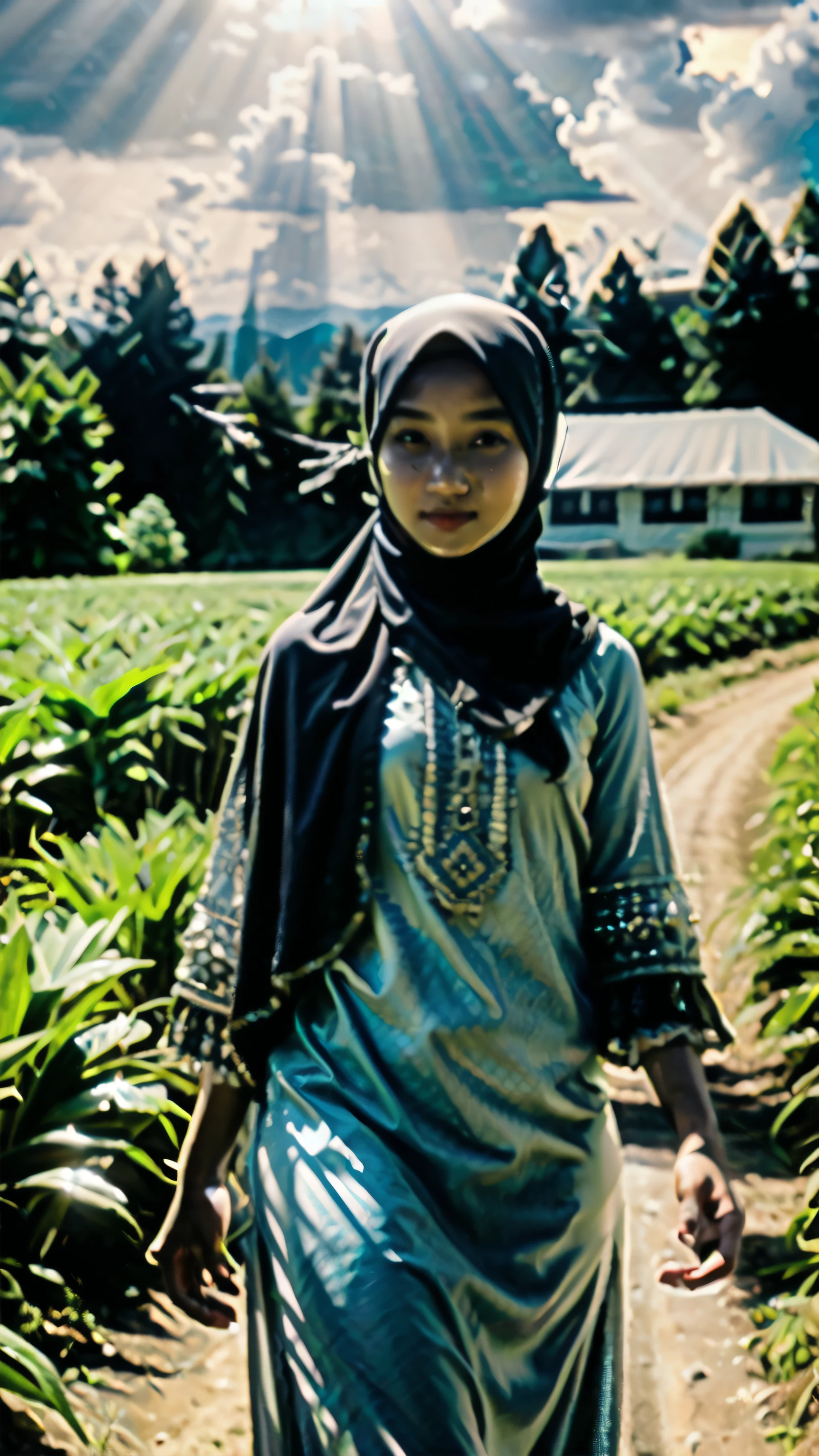 (realistic:1.3), finely detailed, quality, rembrandt lighting, (masterpiece:1.2), (photorealistic:1.2), (best quality), (detailed face:1.3), (intricate details), dramatic, ray tracing, 1girl, malay hijab girl, white long dress with long arm,9 old,flat breast, Sun, Clouds, Field, Farming, Starlight, Walking trail)