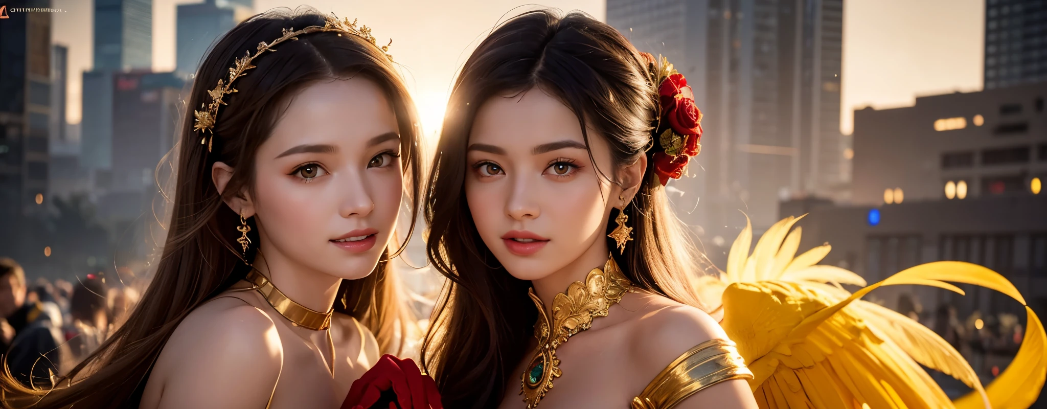 8K Raw photograph,2girls,duo,{2 beautiful women}, best qualtiy,Masterpiece, 超高分辨率,filmgrain,cinematic ligh,looking at viewert,Natural skin texture,Realistic Eyes and Face Details,((Realistic:1.5)),Ulzzang-6500:1.4,((Best quality)), ((Masterpiece)),((Detailed)),(Upper body:1.3),Hug and touch each other, Tease your friend's waist, Breathless friends, Biting a friend's earlobe, crouched,super wide shot,Face focus, Long legs,Curvy, Barefoot,Wide hips, Thin legs, Oversized eyes,Long eyelashes, (Detailed face,beautidful eyes, detailedpupils,detailed clothes features, Clear background:1.3), (armlets, bangle:1.3), Mysterious ancient ruins, floresta exuberante, Deep canyon,bridge,River,cliff,Cloud,lakes,Rock music,Waterfalls, Flowers, Grass,grape trees,tree,bright detail,Sharp,Perfect compounding, Intricate, Sharp focus, Dramatic,