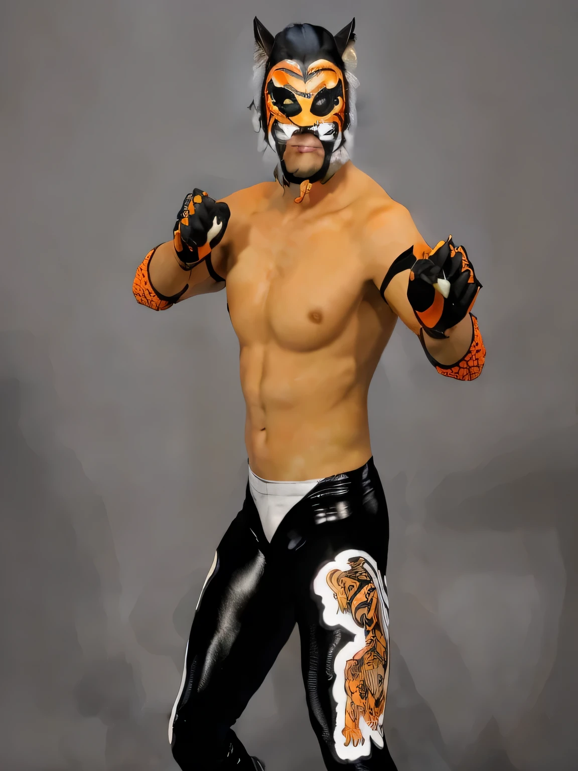 ((masterpiece, best quality)), asian man wrestling tiger mask posing for a photo, fit realistic face realistic body, green cat eyes wrestler, highly detailed face, shiny black wrestling tights with tiger image on leg,, highly detailed upper body, highly detailed body, black gloves with claws and orange elbow pads, photo realistic, intricate details