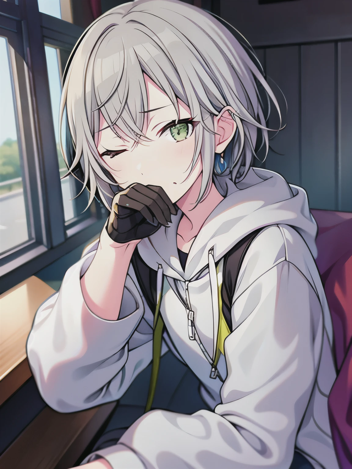 (masterpiece), short hair, grey hair, small breasts, hinomori shiho, tomboy, shiho_h, girl covers her face with her hands , 1girl ,covering face with hand,covering all face with hand,one eye closed, winking eye,half closed eye, wearing  sweatshirt, frownimg  eyebrow
