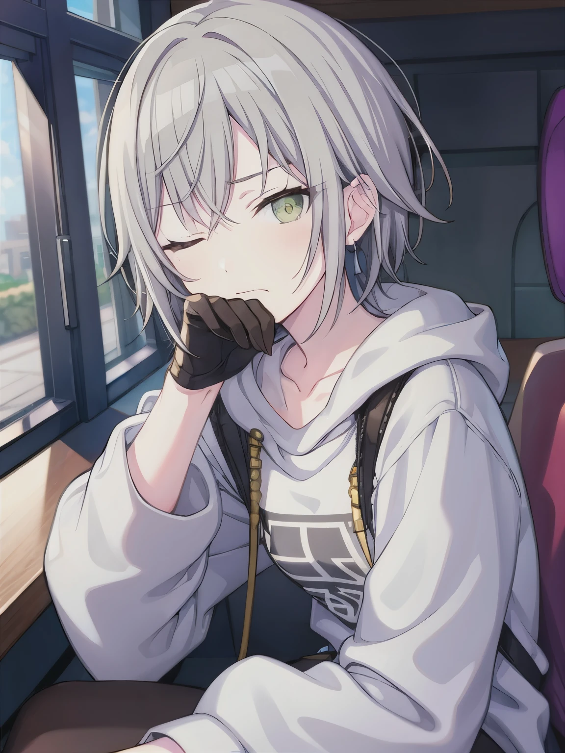 (masterpiece), short hair, grey hair, small breasts, hinomori shiho, tomboy, shiho_h, girl covers her face with her hands , 1girl ,covering face with hand,covering all face with hand,one eye closed, winking eye,half closed eye, wearing  sweatshirt, frownimg  eyebrow
