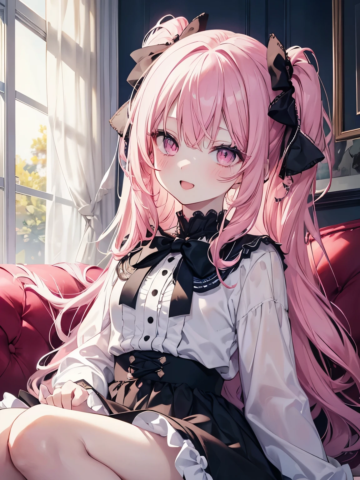 masutepiece, Highest Quality, (Perfect face:1.1), (high detailing:1.1), (ultradetailed eyes), Dramatic, superfine illustration, Extremely detailed, 1girl in, teenager,(pale skin),PINK hair,(twintalis),Ethereal eyes,PINK eyes,blush,Solo,Smile, Happy, Laugh, Enjoy, Open mouth, Pouty lips,Cinematic lighting, upper body,looking up,learning forward,Long sleeve, Gothic lolita, frilld, bow ribbon,knee high socks,indoor,living room,night