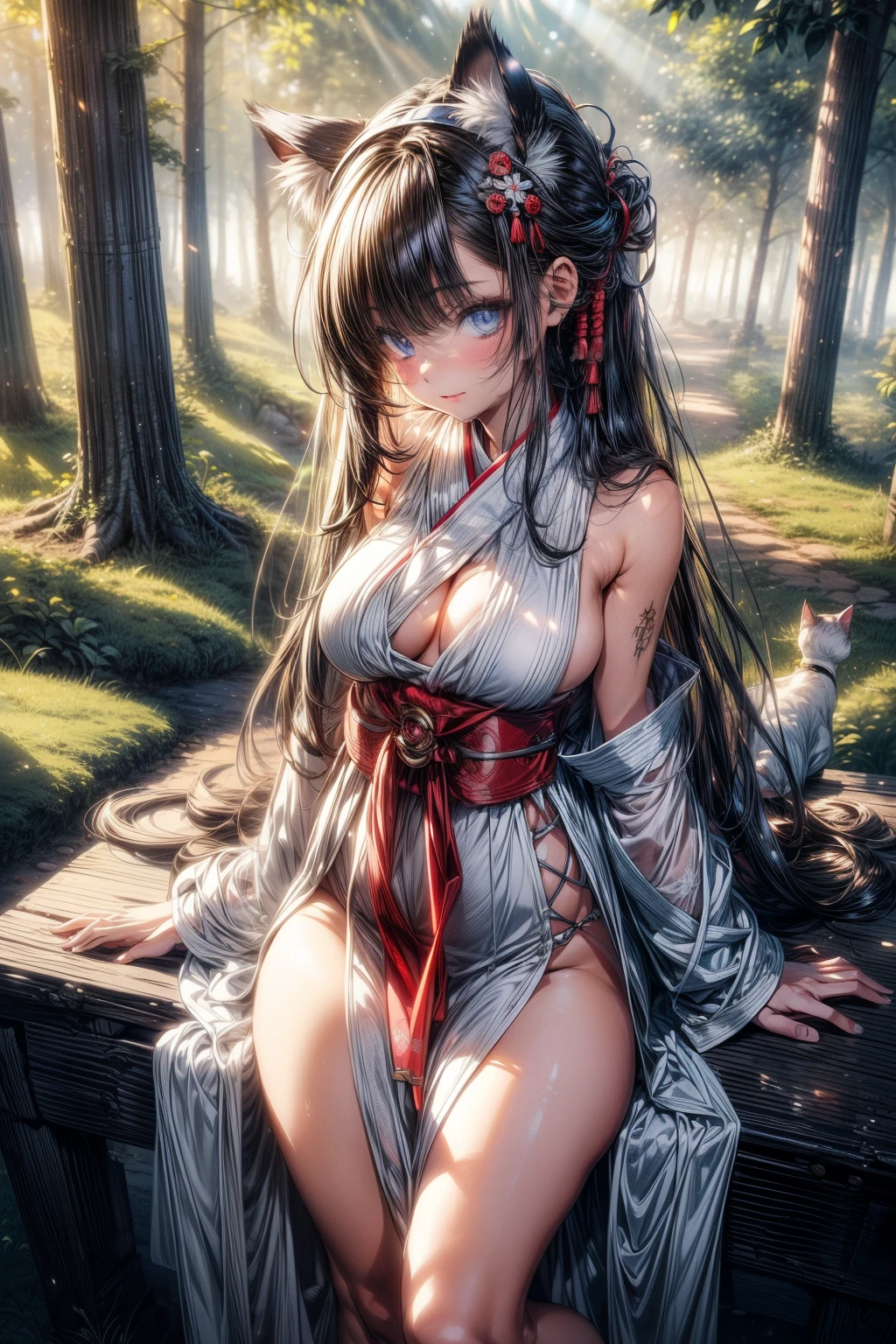 (best quality, masterpiece, ultra high resolution), (8k wallpaper, high-definition, HDR, RAW), (authenticity: 1.4), (full body shot), 1girl, ((Anime girl)), ((Shinto priestess)), ((Cat ears headband)), ((Brown flowing hair)), ((Blue eyes)), amazing slim body, female curves, big breasts, thick thighs, sexy flat tummy, perfect hands, praying, ((wearing tight white dress)), standing, ((Shy)), On the forest, sun illumination, sunny day illumination, sun rays