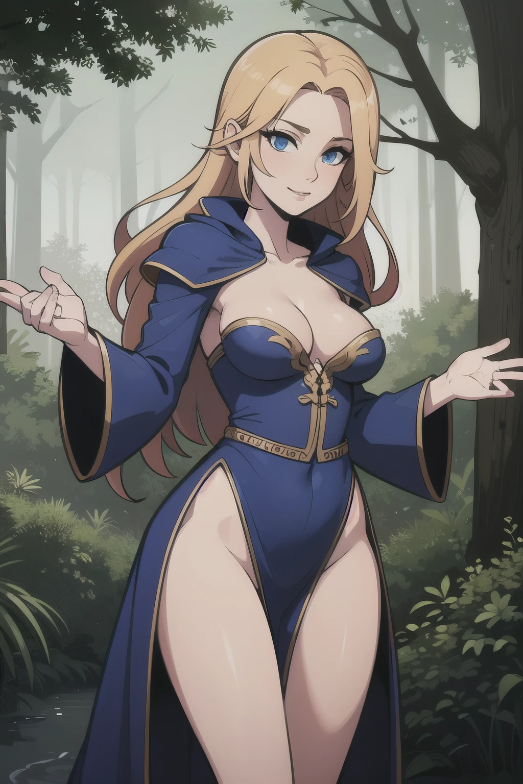 ((Best quality)), ((Masterpiece)), (detailed), perfect face perfect figure, Middle Ages, forest background, Sorceress Woman, woman in a robe, Golden hair, Blue eyes, tight blue robe, medium breasts