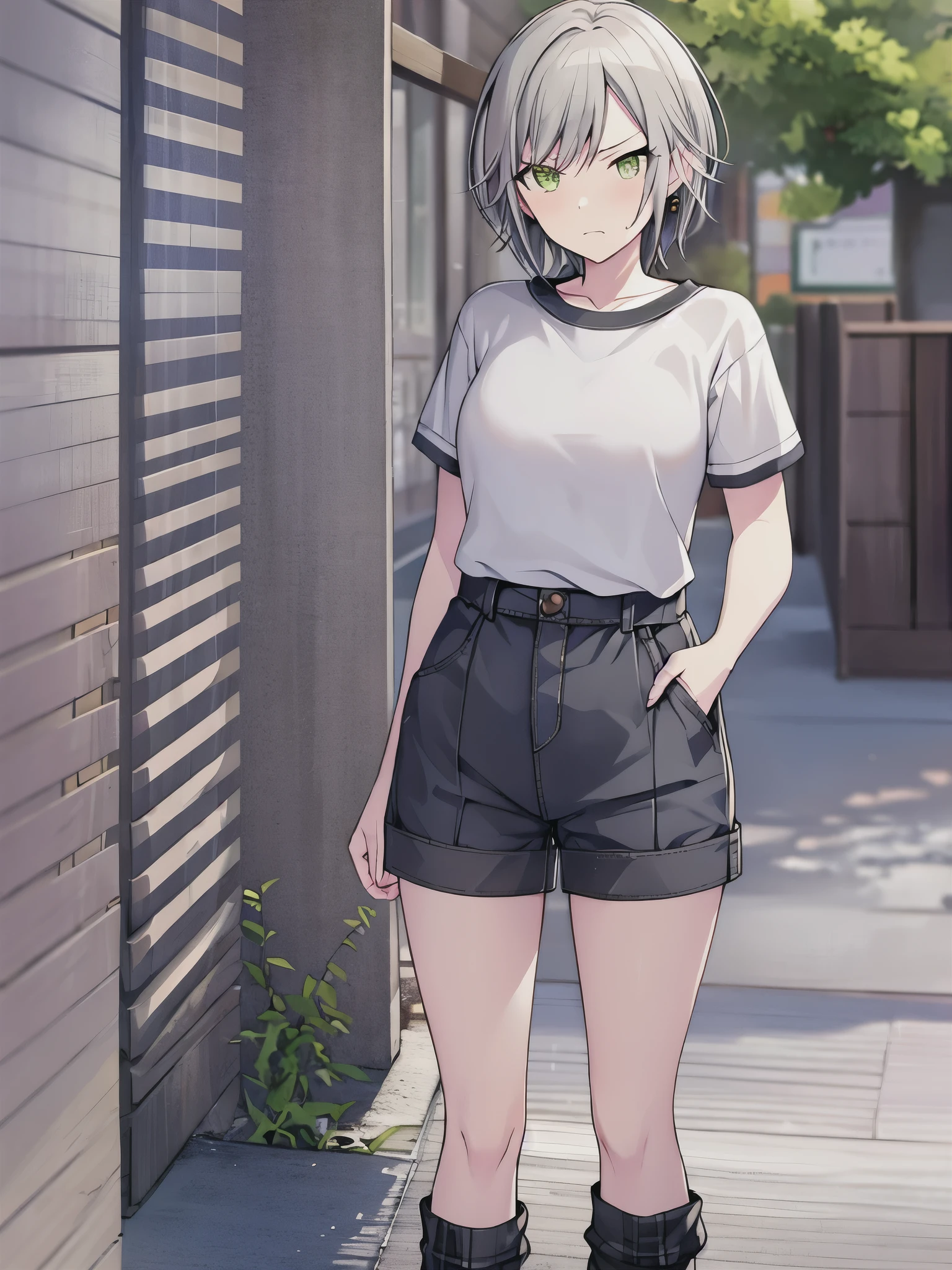 (masterpiece), short hair, grey hair, small breasts, hinomori shiho, tomboy, shiho_h, wearing short_pants
,embarrassed,angry mouth