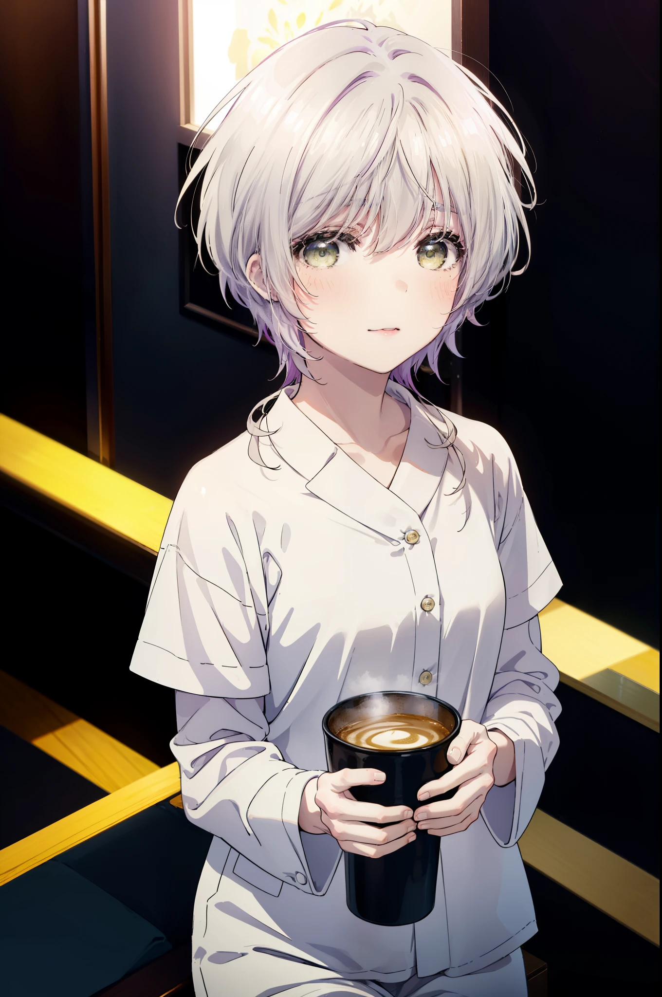 fuukakikuchi, fuuka kikuchi, １girl girl,short hair, bangs, hair between eyes, (green eyes:1.3), gray hair,black cardigan　There is an open front,blush,smile,white pajamas,white short pajama pants,barefoot,Waking up,sitting on the sofa,holding a coffee mug with both hands,Waking up,Asahi,sunrise,
break indoors, room,
break looking at viewer,whole body,Upper body,(cowboy shot:1. 5)
break (masterpiece:1.2), highest quality, High resolution, unity 8k wallpaper, (figure:0.8), (detailed and beautiful eyes:1.6), highly detailed face, perfect lighting, Very detailed CG, (perfect hands, perfect anatomy),