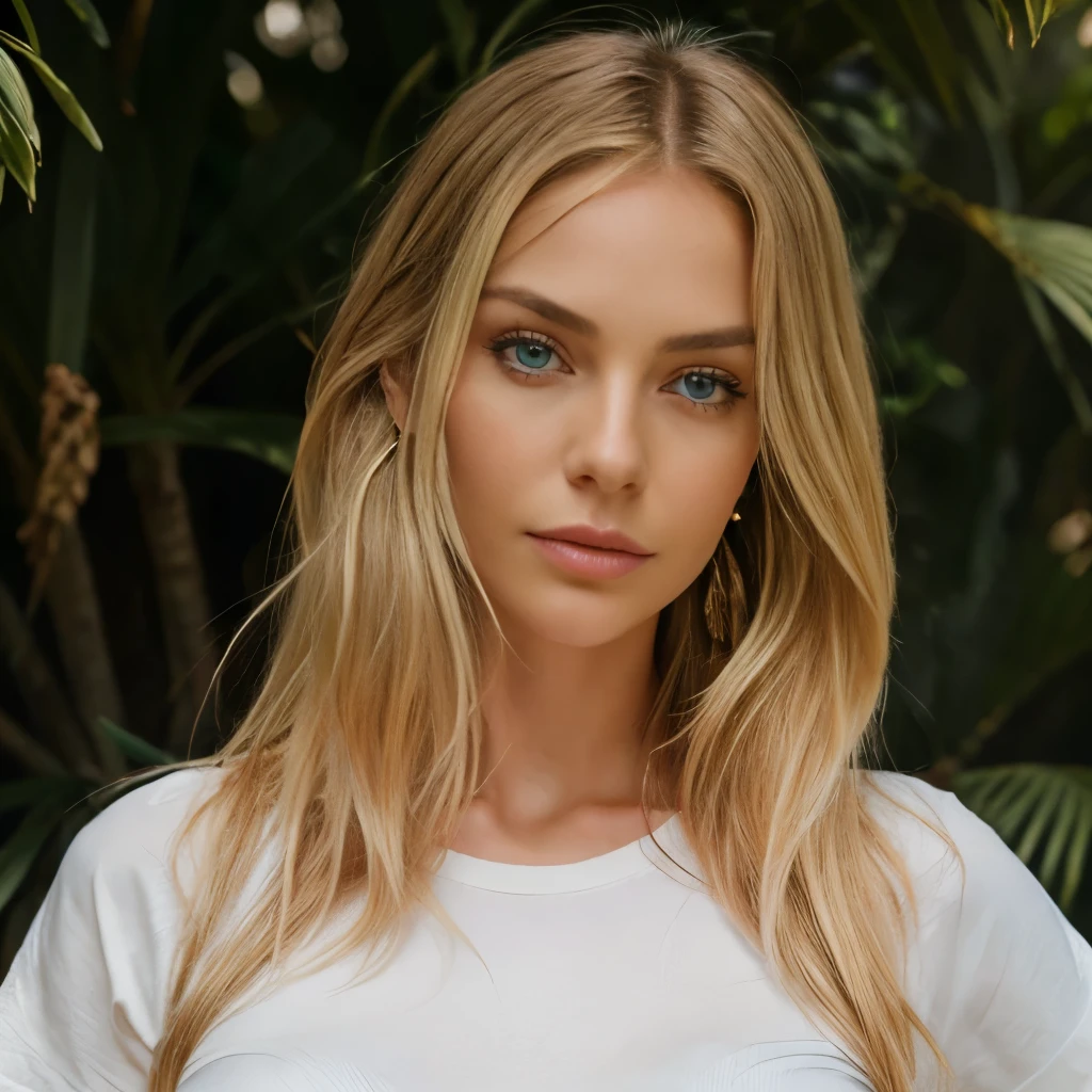 Skinny black denim pants for an elegant outfit, Film director, Young woman, blonde, oval jaw, fine features, Beautiful face, loose hair, Detailed blonde hair, long bangs, Brilliant green eyes perfectly detailed., Definition of big eyes, big breasts, definite, shirt with straps, Pronounced cutout, Realistic photo with full white skin, visible pores, photorealist, Detailed visible veins, Detailed moles, visible skin folds, Marquis, skinny, Part, Complete Plan, Detailed earrings, Film director, concentrated,

