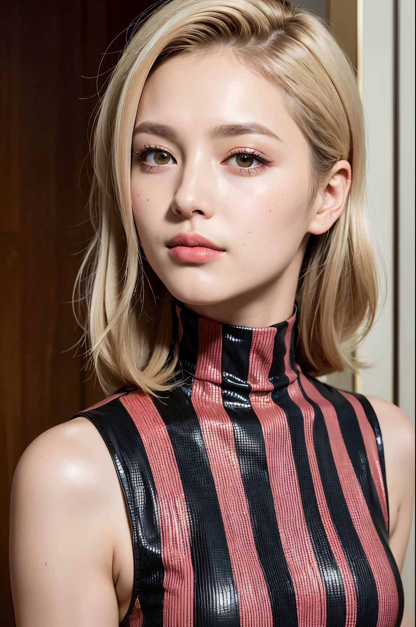 highest quality, masterpiece, ultra high resolution, (realistic:1.4), RAW photo, 1 girl,
+++
Coral eye,
light gradation hair,
medium hair ,
slicked back hair,
striped hair ,
pulled my hair back,
sideburns ,
jumpsuit crop top turtleneck giggle,
blush your nose ,
+++,