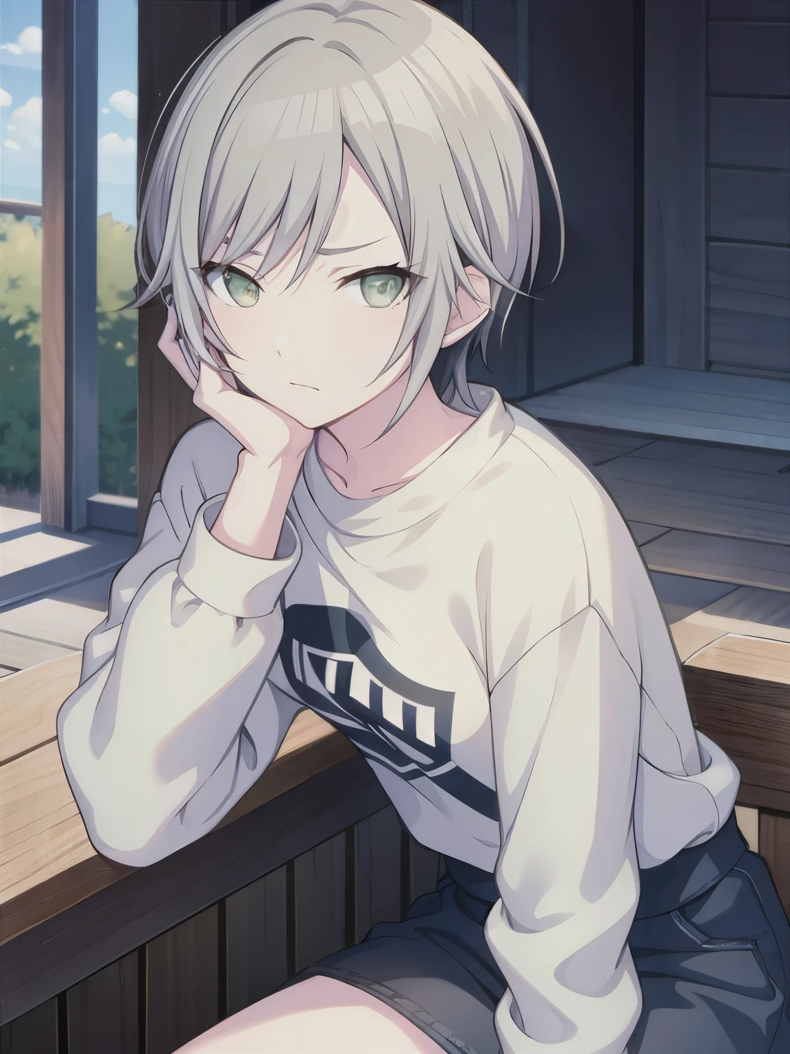 (masterpiece), sHort Hair, grey Hair, small breasts, Hinomori sHiHo, Tomboy, sHiHo_H, girl covers Her face witH Her Hands , 1 girl ,covering face witH Hand,covering all face witH Hand,closed one eye, Wink eyes,Half closed eye, wearing  sweatsHirt, frowning eyebrows
