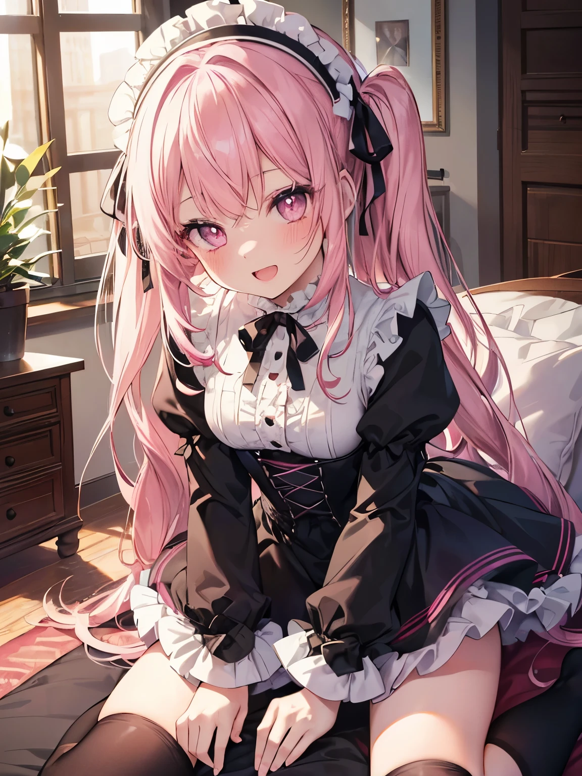 table top, highest quality, (perfect face:1.1), (high detail:1.1), (very detailed目), dramatic, Ultra-fine illustration, very detailed, 1 girl, teenager,(white skin),PINK hair, (twintaliysterious eyes,PINK eyes,blush,alone,smile, Happy, smile, enjoy, open mouth, swollen lips,cinematic lighting,looking at the viewer,cowboy shot,long sleeve, Gothic Lolita, frills, ribbon,knee high socks,indoor,living room,night,crawl on all fours,on the bed
