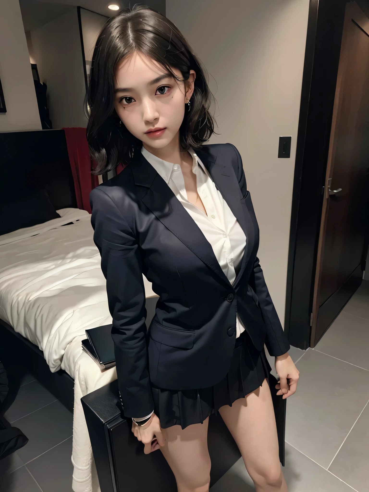 (disorganized, RAW photo, very delicate and beautiful, masterpiece, highest quality, ultra high resolution, 16k, surreal, super detailed, perfect anatomy, super dense skin, perfect figure:1.2), Highly detailed CG 8k wallpaper, 20's, very slim body, tight waist, very small head, very small face, delicate facial features, tearful mole, earrings, thin legs, (very huge round breasts:1.1), (full body shot:1.1), (1 girl:1), short hair, (wavy hair:1.1), (suit:1.2), (Jacket:1.1), skirt, (shirt:1.2),