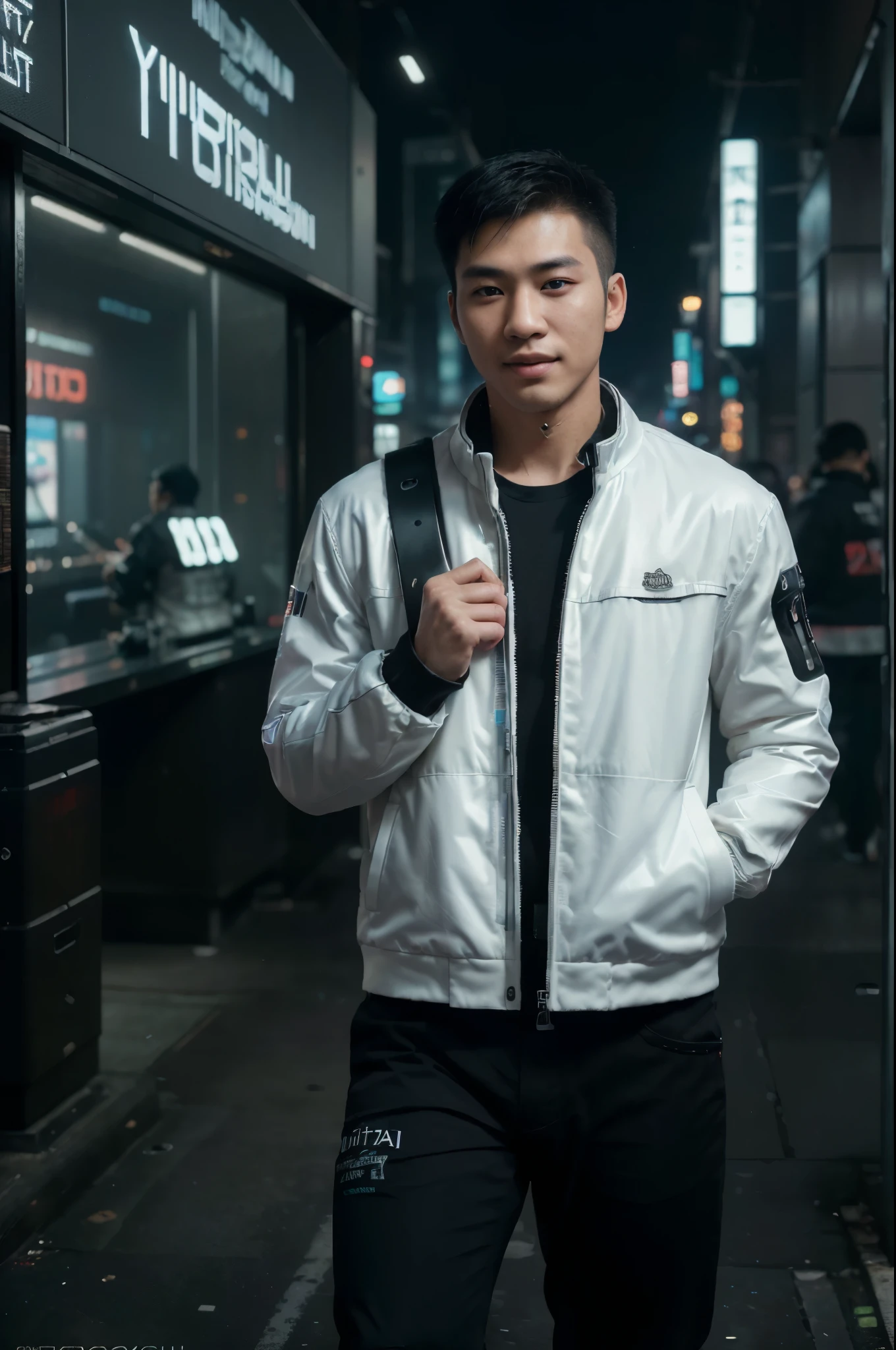 ((8K, RAW Photos, Photography, Photorealistic, Highest Quality, Intricate Detailed, Fullbody Shot of A 25 year old Korean man, fit body, white skin, medium hair, wearing a black winter jacket, black pants, ((cyberpunk in the background)), cyberpunk style, night day, smiling, 800mm lens, realistic, hyperrealistic, photography, professional photography, deep photography, ultra HD, ultra high quality, best quality, midway quality, HDR photo, focus photo, deep focus, ultra detailed, real photo, original photo, ultra sharp, nature photo, masterpiece, award winner, shot with hasselblad x2d