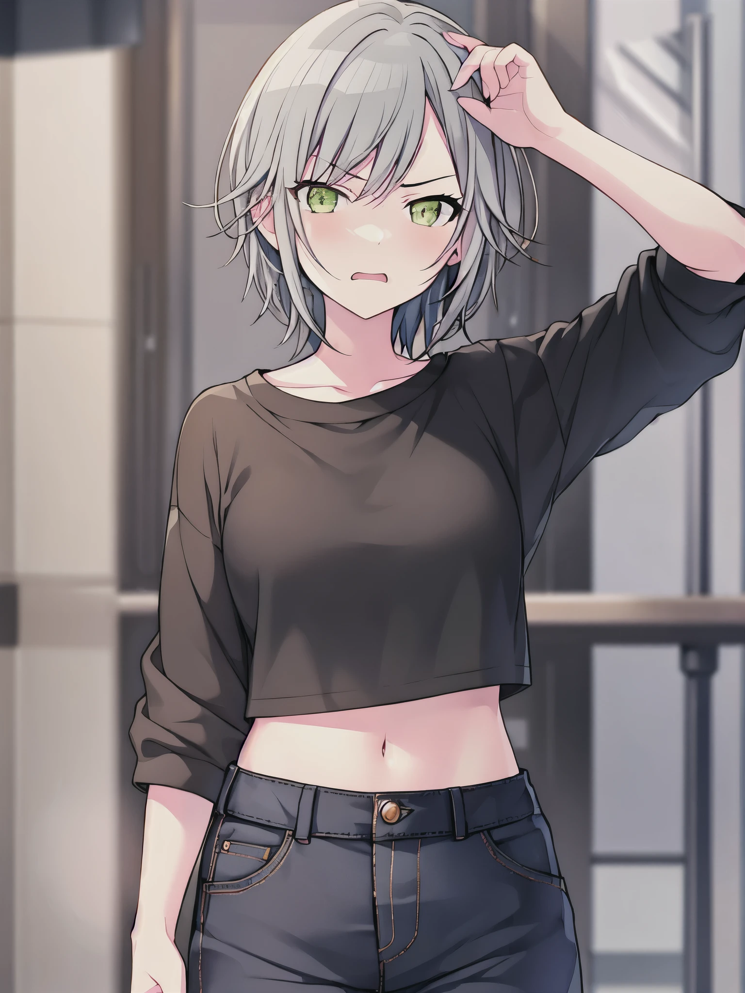 (masterpiece), short hair, grey hair, small breasts, hinomori shiho, tomboy, shiho_h, wearing short_pants
,embarrassed,angry mouth,holding short_pants