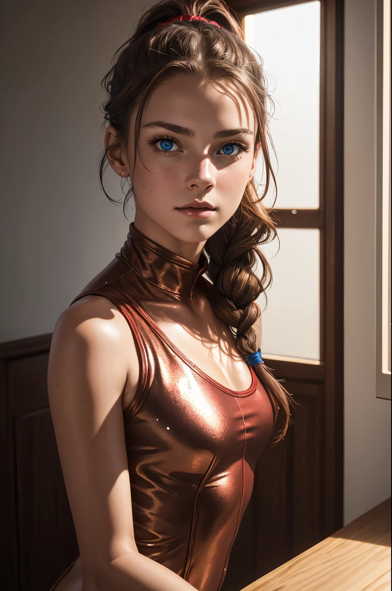 18 year old girl, red leotard metallic, brown hair, french braid, ponytail, blue eyes, realistic, (photorealistic: 1.4), bright lighting, selfie