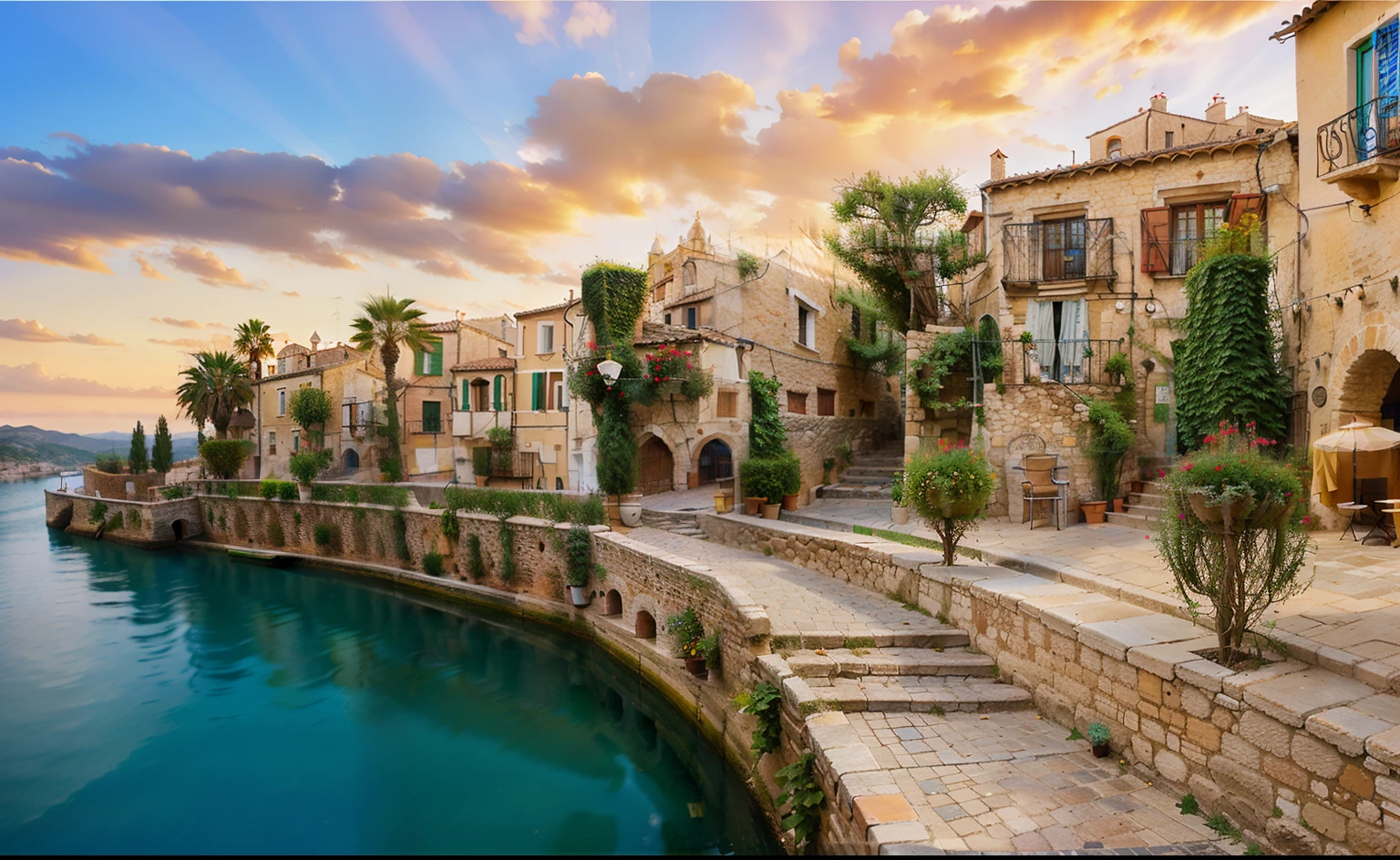 there is a narrow alley with tables and chairs in the middle, italian mediterranean city, bizzaro, narrow and winding cozy streets, mediterranean architecture, baroque winding cobbled streets, shutterstock, narrow street, spanish ghibli alleyway, spanish alleyway, narrow streets, italy, old town, ancient mediterranean village, quaint village, beautiful image, mediterranean city