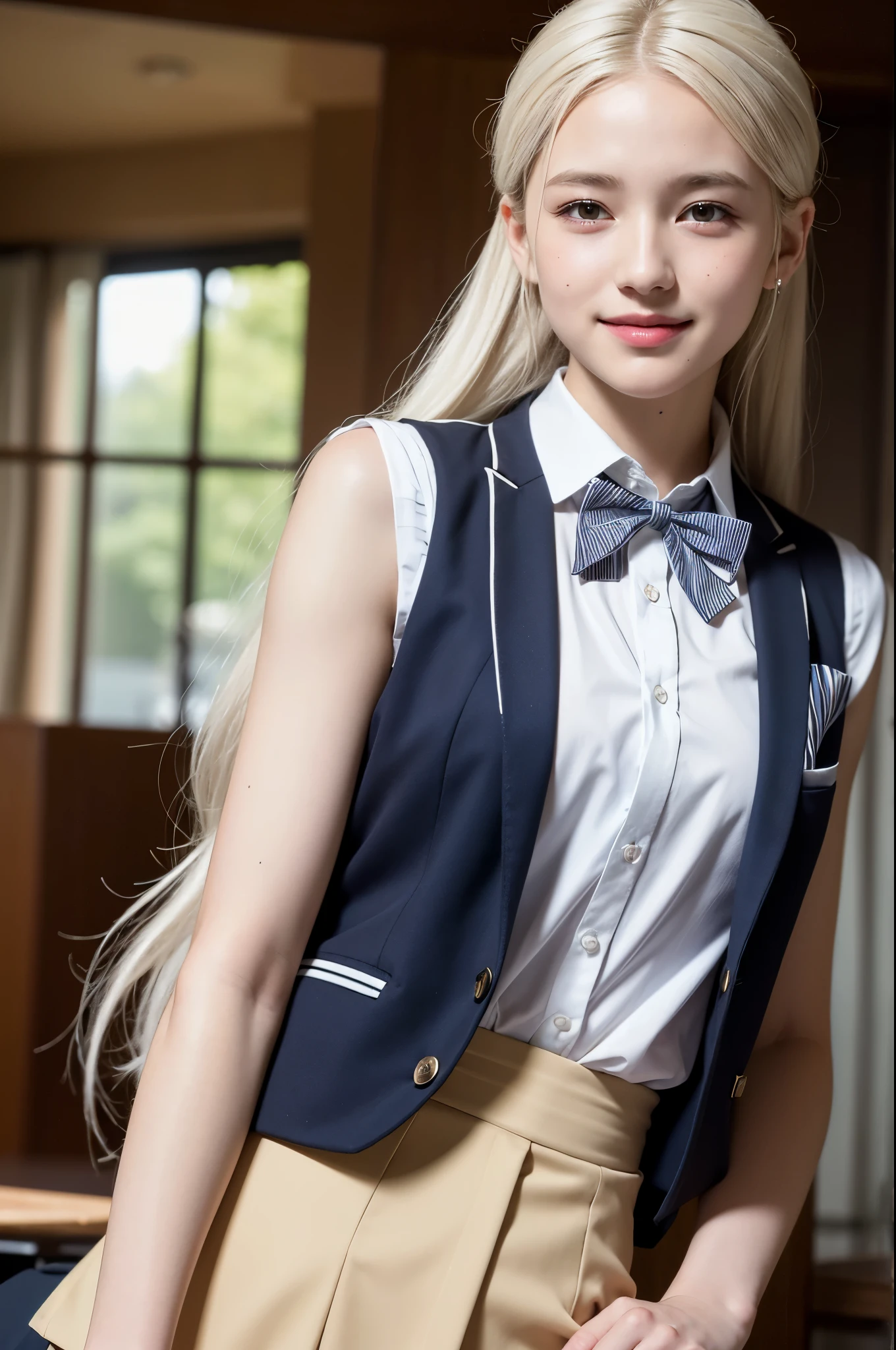 highest quality, masterpiece, ultra high resolution, (realistic:1.4), RAW photo, 1 girl,
+++
blonde eyes,
- silver hair,
long hair ,
top not,
striped hair ,
pulled my hair back,
sideburns ,
blazer, school uniform, bowtie
sleeveless
polo shirt
smile,
embarrassing ,15 years old
+++, 