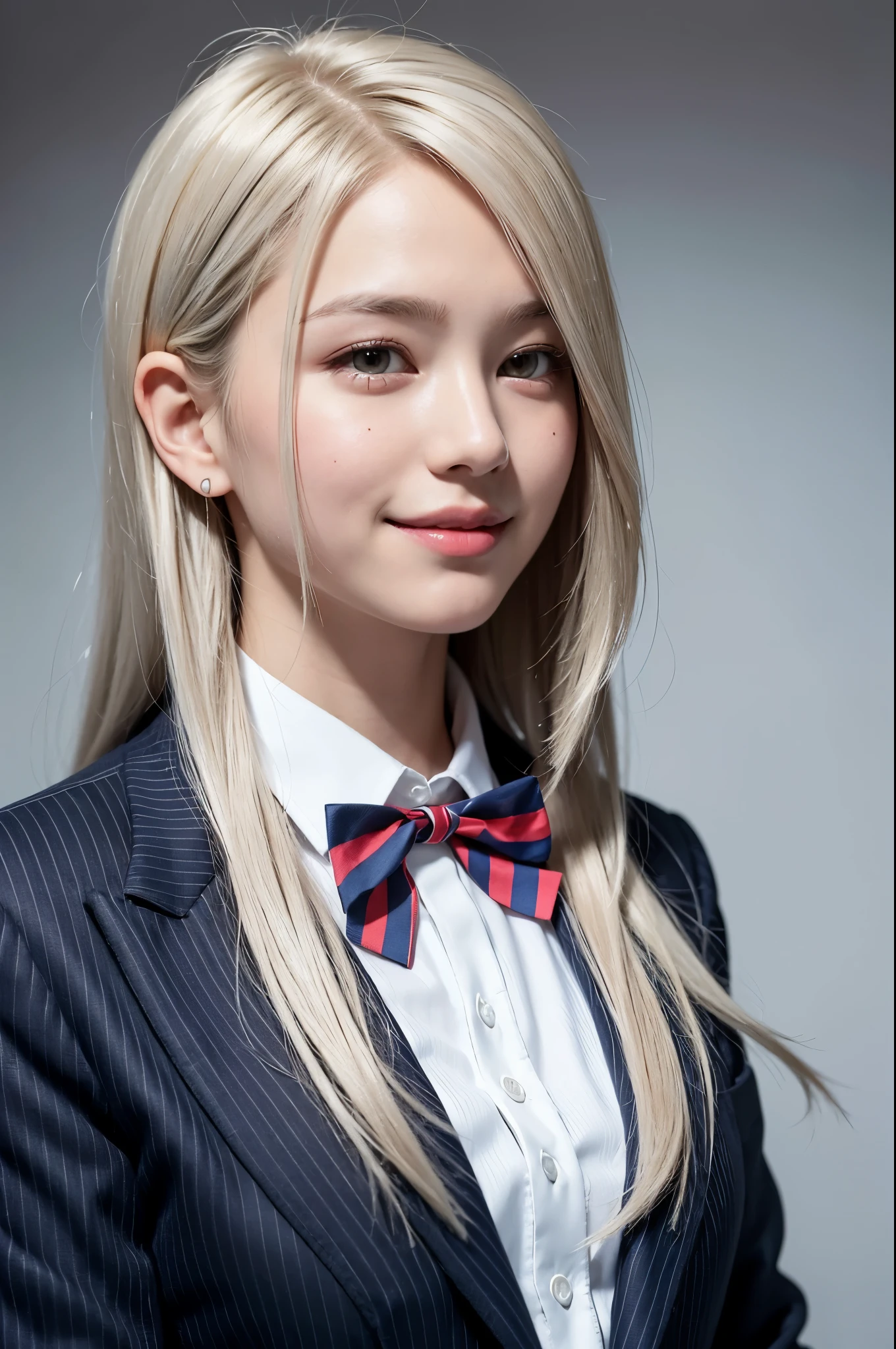 highest quality, masterpiece, ultra high resolution, (realistic:1.4), RAW photo, 1 girl,
+++
blonde eyes,
- silver hair,
long hair ,
top not,
striped hair ,
pulled my hair back,
sideburns ,
blazer, school uniform, bowtie
sleeveless
polo shirt
smile,
embarrassing ,15 years old
+++,