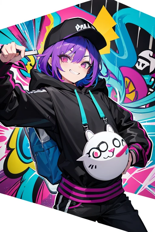 Create a colorful and dynamic graffiti style cartoon character! Imagine a mischievous urban sprite, full of personality and flair. This character is a graffiti artist themselves, with a can of spray paint in hand and a mischievous grin on their face. Their style is vibrant and edgy, embodying the spirit of street art. They should have exaggerated features typical of cartoons, like large expressive eyes, a big smile, and maybe some funky accessories like a backwards cap or a hoodie. The character is surrounded by swirling graffiti tags and vibrant splashes of color, blending into the urban landscape they call their canvas. Make this character pop off the wall with energy and attitude!