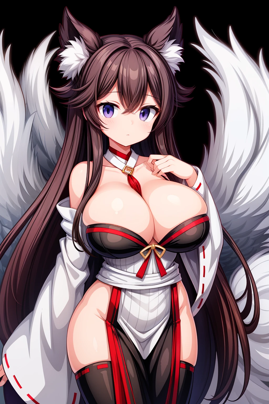 (kitsune ear girl), (huge breasts:1.2), (very long hair), (miko:1.2)