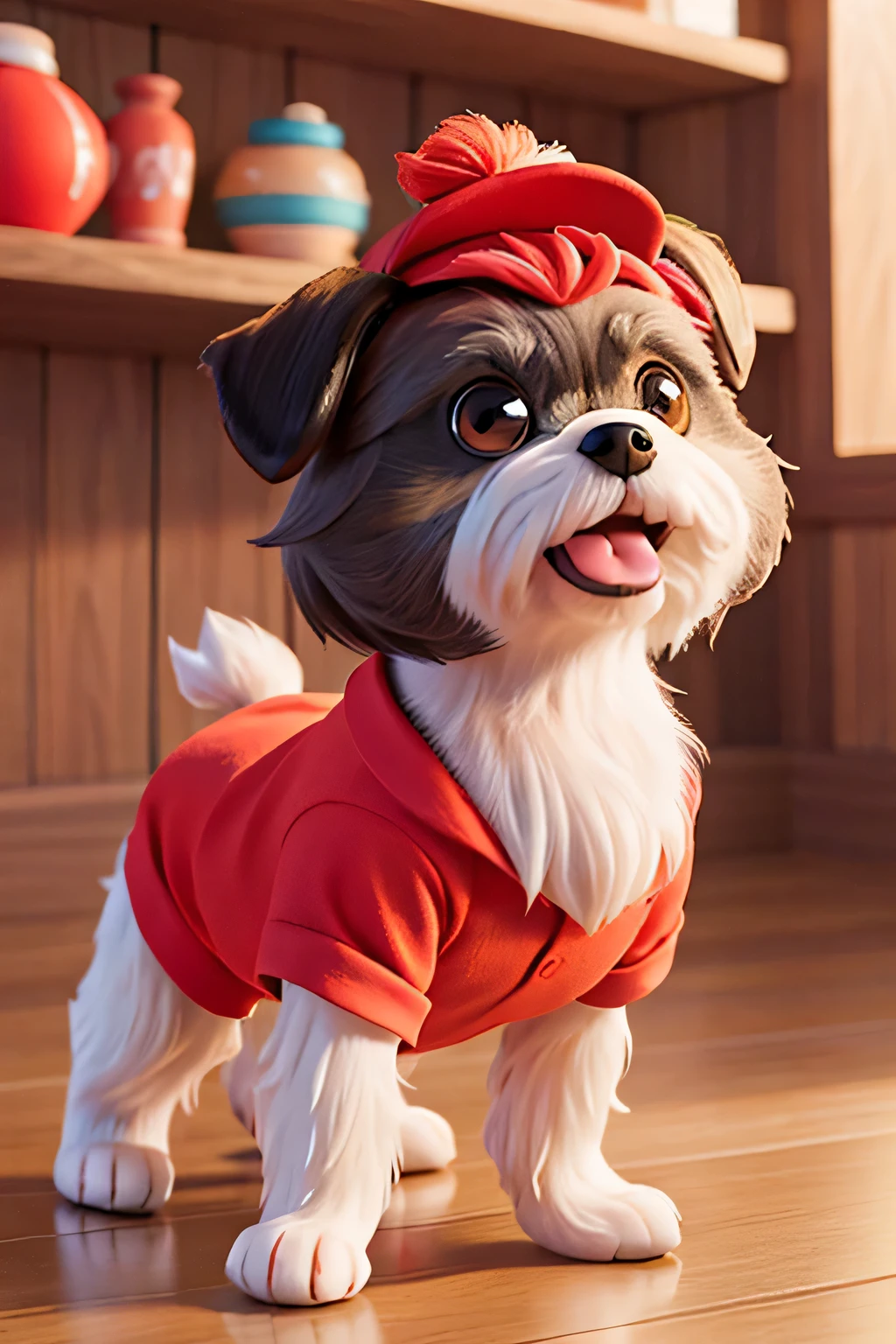 create a Shih-tzu dog wearing a Flamengo shirt and smiling in a very colorful environment