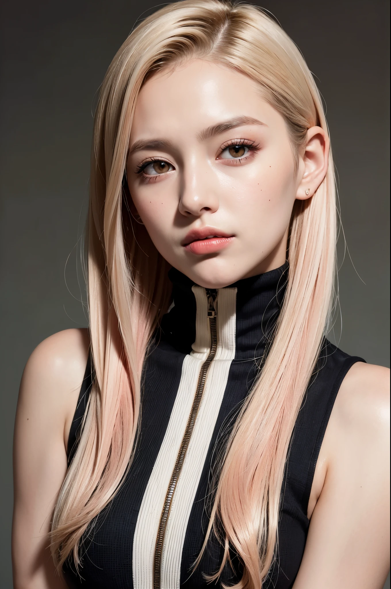 highest quality, masterpiece, ultra high resolution, (realistic:1.4), RAW photo, 1 girl,
+++
Coral eye,
light gradation hair,
medium hair ,
slicked back hair,
striped hair ,
pulled my hair back,
sideburns ,
jumpsuit crop top turtleneck giggle,
blush your nose ,12 years old
+++,