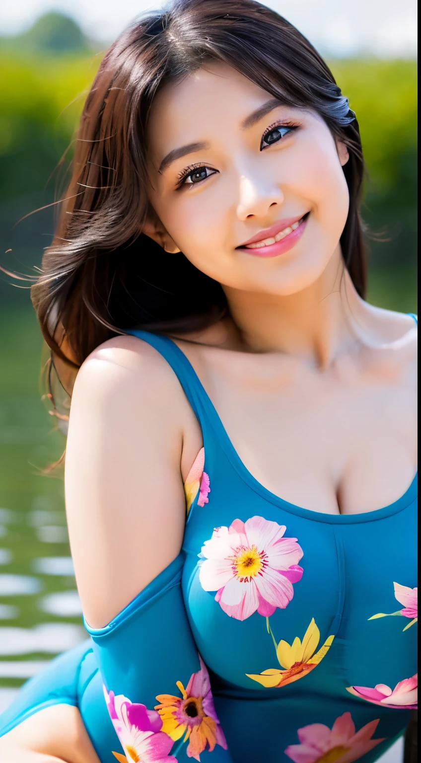 (((Beautiful chubby 50 year old mature woman)))、(((Show your thighs)))、1 person、whole body、(((A lake with beautiful flowers)))、(((A 50-year-old beautiful Japanese mature woman with a plump and plump body))) 、doing a sexy pose、((A colorful swimsuit with a flashy floral pattern that is less revealing))、(((Reduce skin exposure)))、(((Chubby style with big breasts)))、((smile))、photorealistic、beautiful detailed eyes、hyper realism、high contrast、Ultra HD、realistic skin texture、Highest image quality、highest quality、ultra high resolution、Finely detailed、very carefully