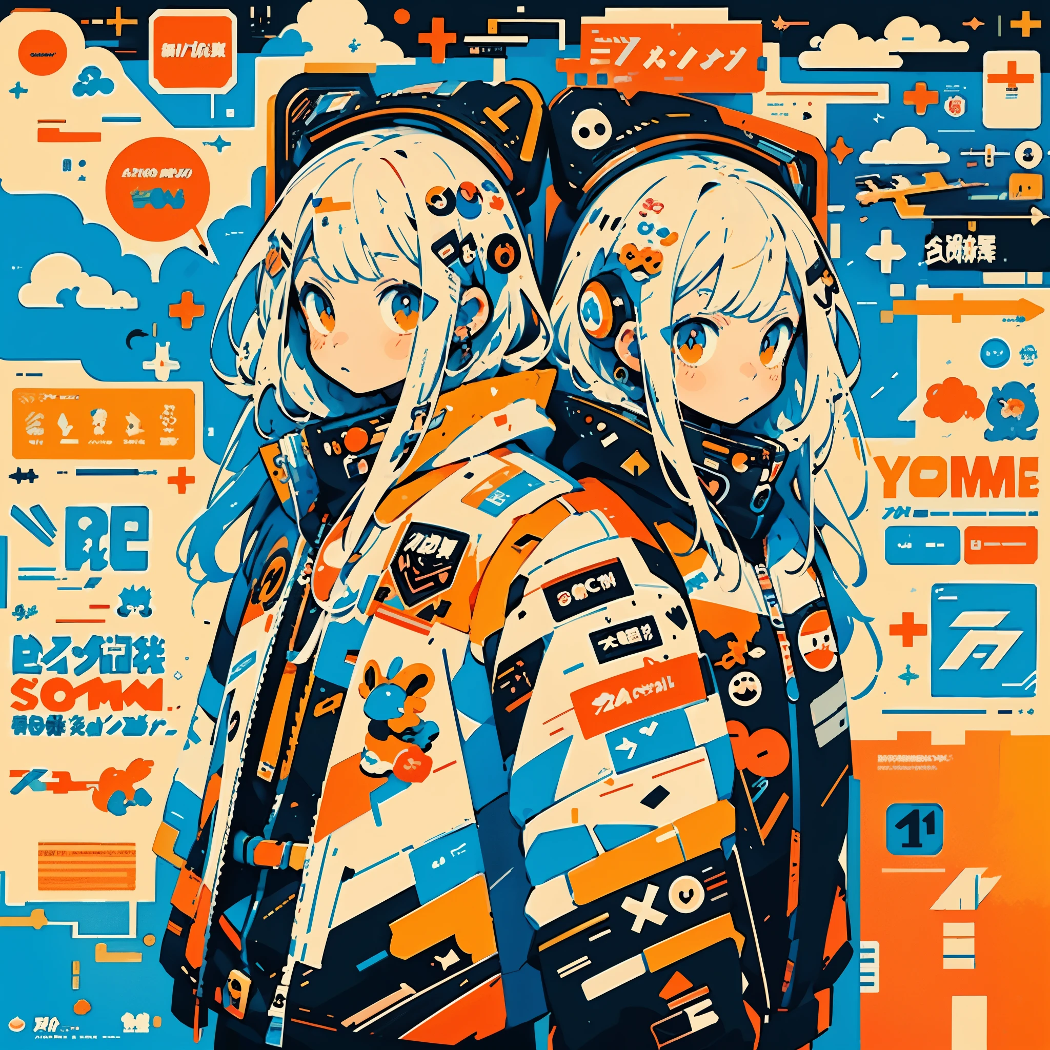 Anime girl with orange and white jacket and black jacket surrounded by stickers, Anime Mecha Aesthetics, anime style 4 k, anime graphic illustration, mecha asthetic, anime robotic mixed with organic, digital anime illustration, anime style illustration, Cute art style, Anime Illustration, Anime Manga Robot!! Anime Girl, anime style artwork, Digital Cyberpunk Anime Art, fully robotic!! girl
