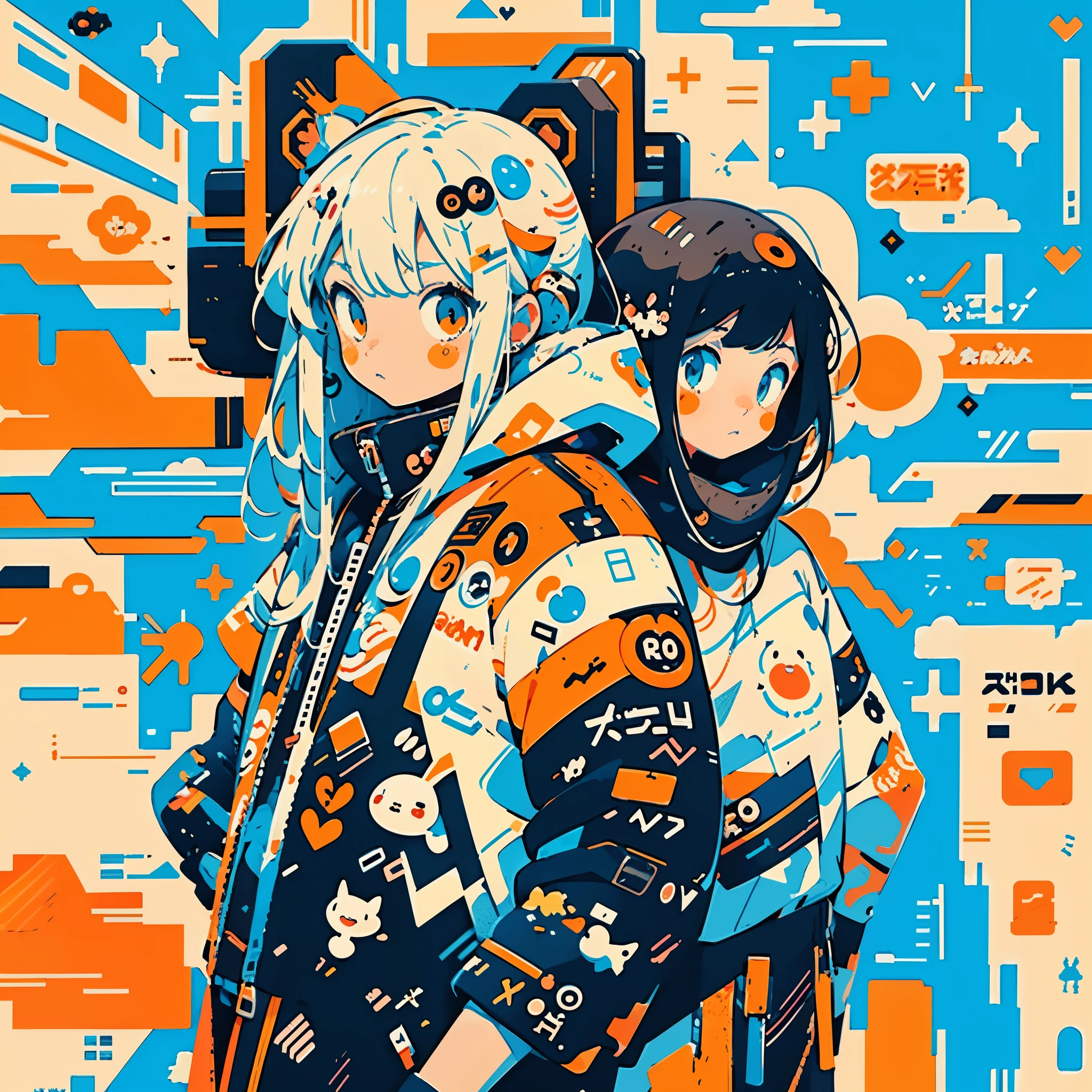 Anime girl with orange and white jacket and black jacket surrounded by stickers, Anime Mecha Aesthetics, anime style 4 k, anime graphic illustration, mecha asthetic, anime robotic mixed with organic, digital anime illustration, anime style illustration, Cute art style, Anime Illustration, Anime Manga Robot!! Anime Girl, anime style artwork, Digital Cyberpunk Anime Art, fully robotic!! girl