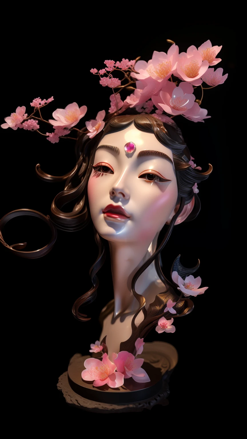 There is a statue of a beautiful South Korean woman with pink cherry blossoms on her head., Baroque steam wave sculpture, porcelain skin. Studio Ghibli, By Li Song, resin statue, Yanjun Chengt, 3D Goddess Portrait, By Chen Lin, By Song Su, Jingna Zhang, Inspiration from Chen Rong, Inspiration from Yan Juncheng, James Jean and Wlop